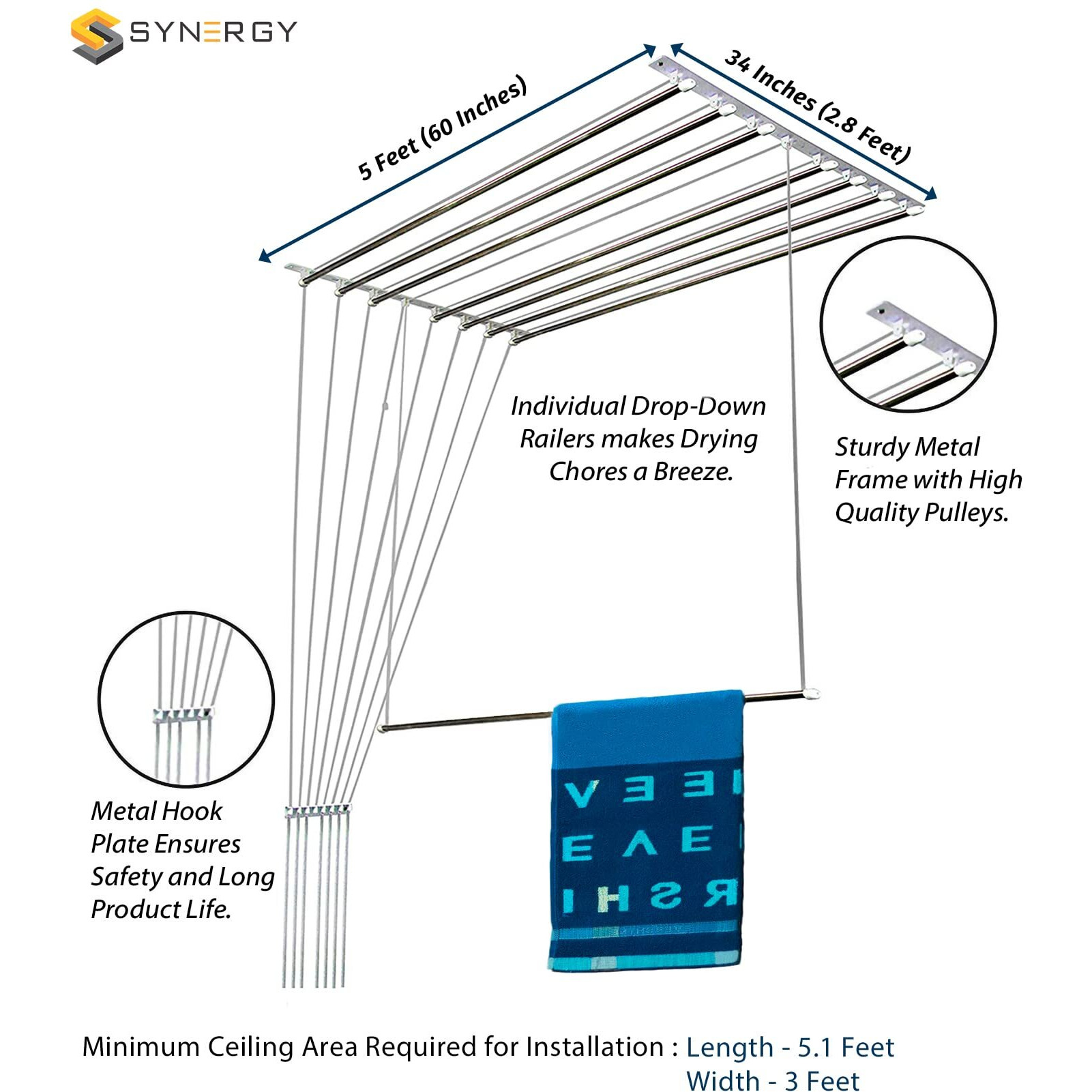 Synergy - 8 Pipes x 5 Feet - Heavy Duty - Stainless Steel Ceiling Clothes Hanger/Cloth Dryer with UV Protected Rope and Individual Drop Down Railers (SY-CL2-8P)