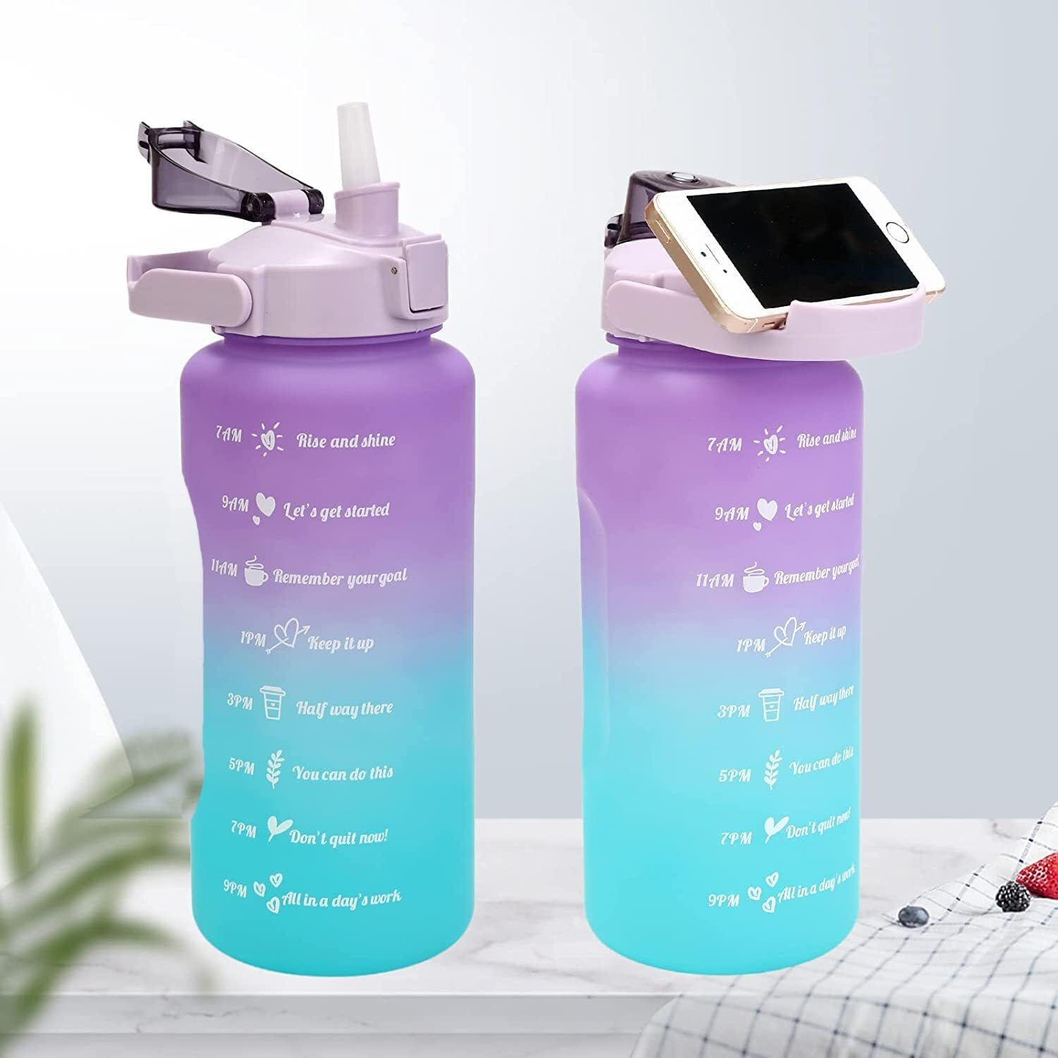 US1984 Sports Motivational Water Bottle with Straw 3 Pcs, 2000ml 900ml 300ml Time Marker Drinking Bottles leak proof Gallon 2L Sipper Water bottle for Sports Gym Travel BPA Free - Purple - Plastic