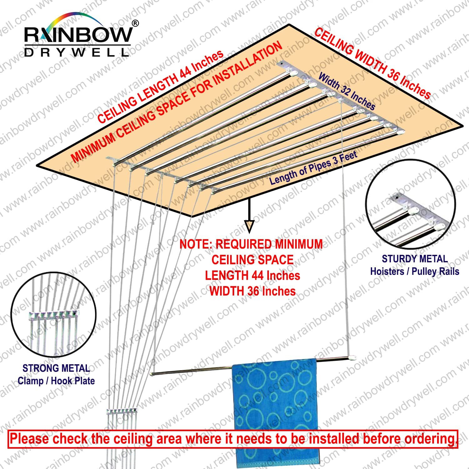 Rainbow Drywell Luxury 8 Pipes 3 Feet Stainless Steel Roof/Ceiling Pulley Operated Individual drop down Drying Rack/Cloth Dryer/Clothes Hanger for Balcony/Passage/Bathroom