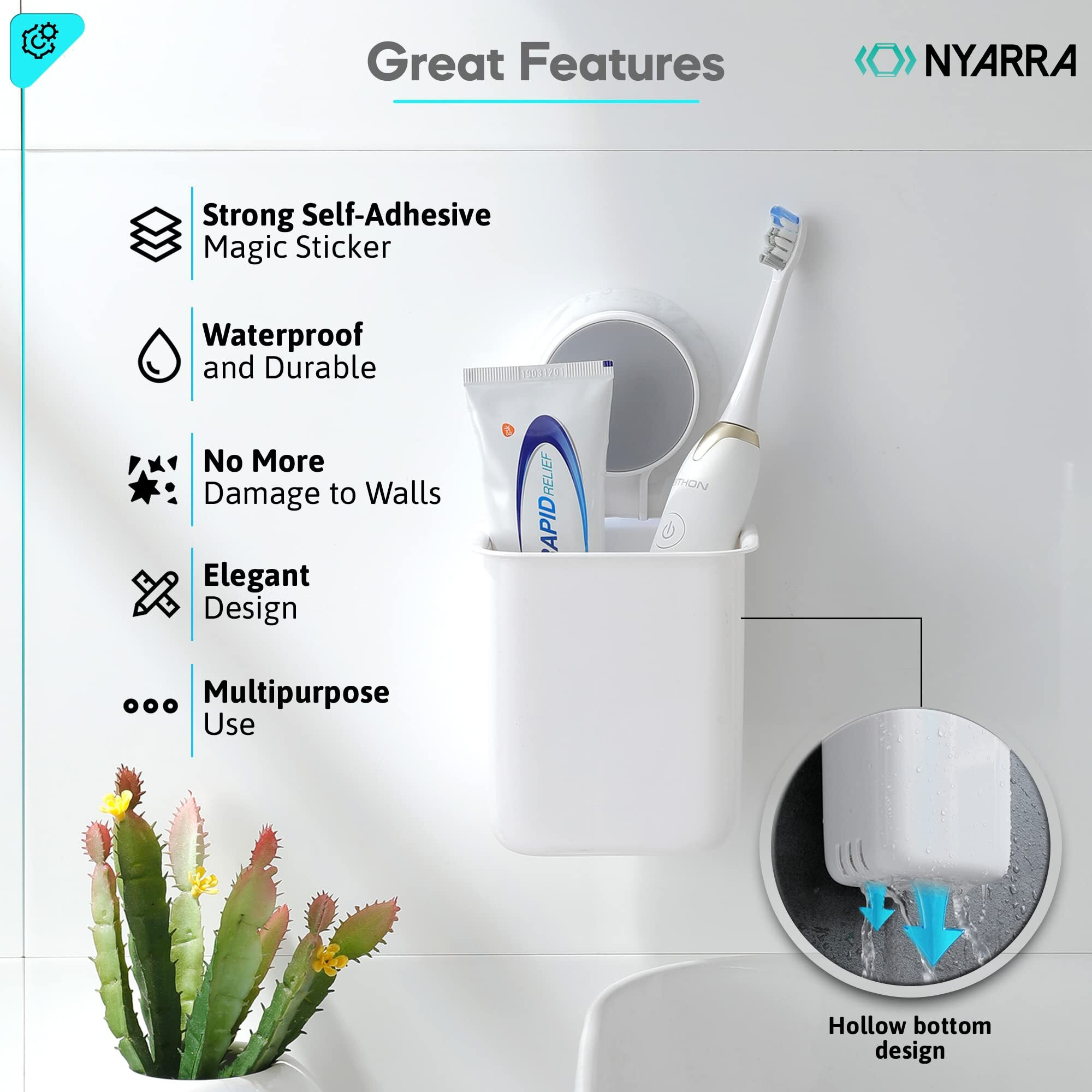 Nyarra Toothbrush Holder For Bathroom, Easy Wall Mount Magic Sticker Self Adhesive Multifunctional Organizer For Electric Toothbrush, Toothpaste(Nr-1358, acrylonitrile_butadiene_styrene, Pack Of 1)