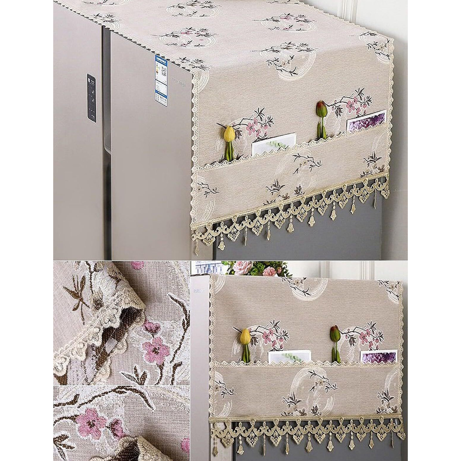 wolpin 1Pc Fridge Cover for Top Double Door with Utility Pockets Designer Prints Cloth and Lace (65 x 170cm)