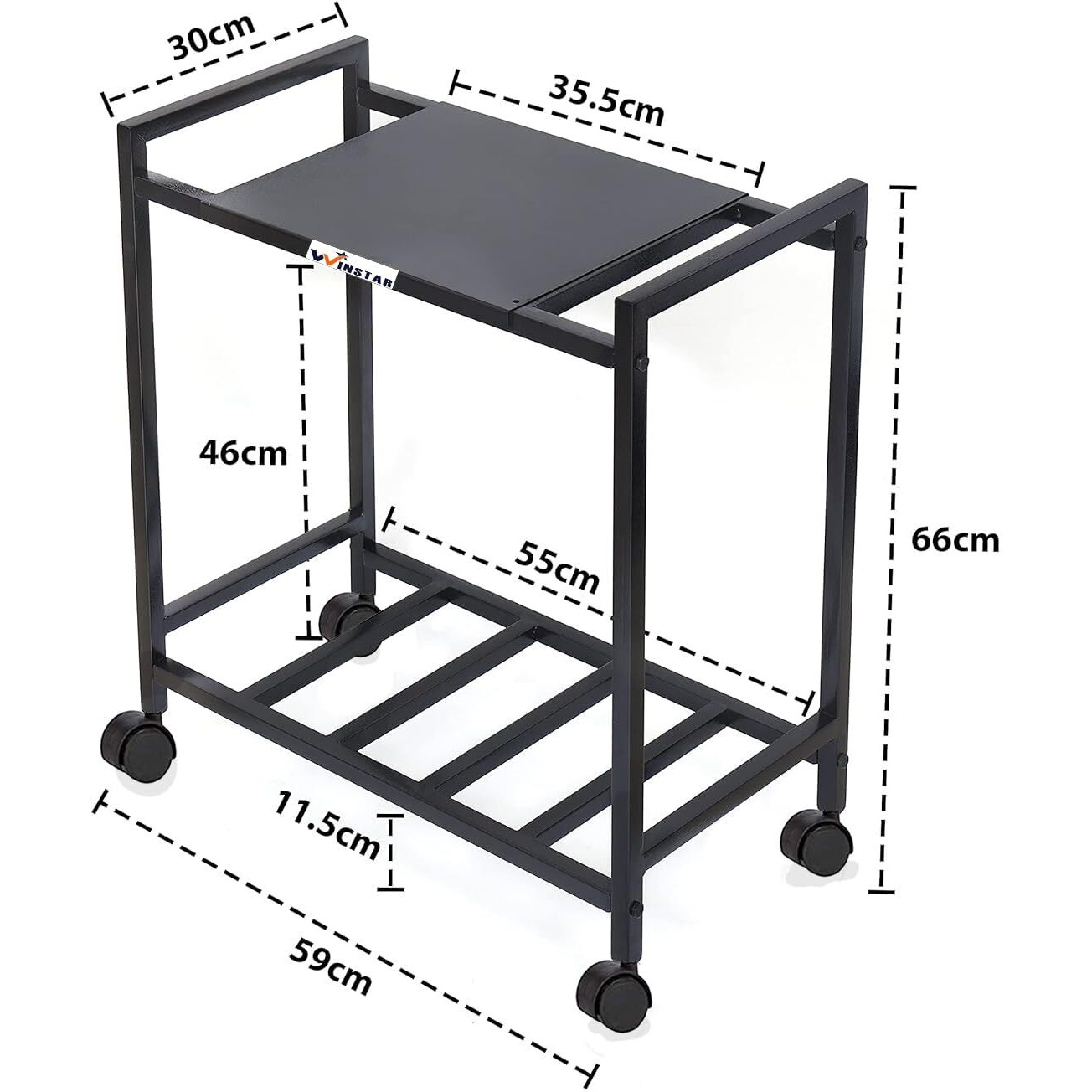 WINSTAR 2-Tier UPS Stand for Home and Office | Metal Inverter Trolley with Wheels | Battery Stand for Inverter with Shelf | Black, 2 Shelf (Single Battery Stand)