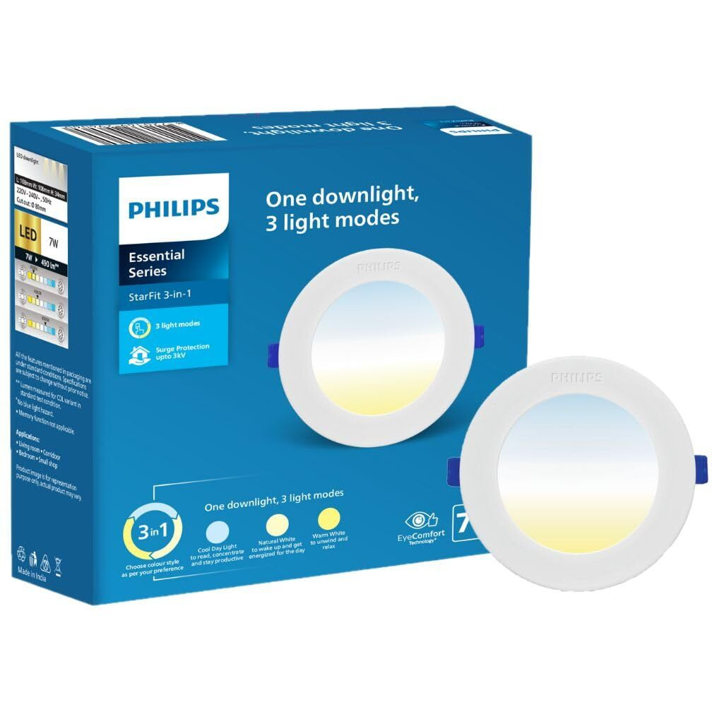 PHILIPS StarFit 7-watt Round LED Downlighter | 3 Colors in 1 Concealed JB LED Downlight | LED Ceiling Light for Home and Hall | Cut Out 3 inch, Color Tunable White, Pack of 4