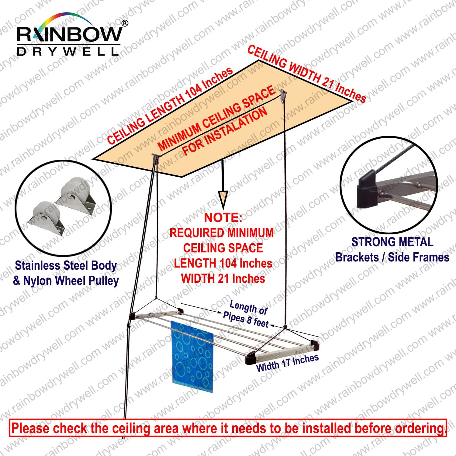 Rainbow Drywell Economy 4 Pipes 8 Feet Stainless Steel Roof/Ceiling Pulley Operated Drying Rack/Cloth Dryer/Clothes Hanger for Balcony/Passage/Bathroom