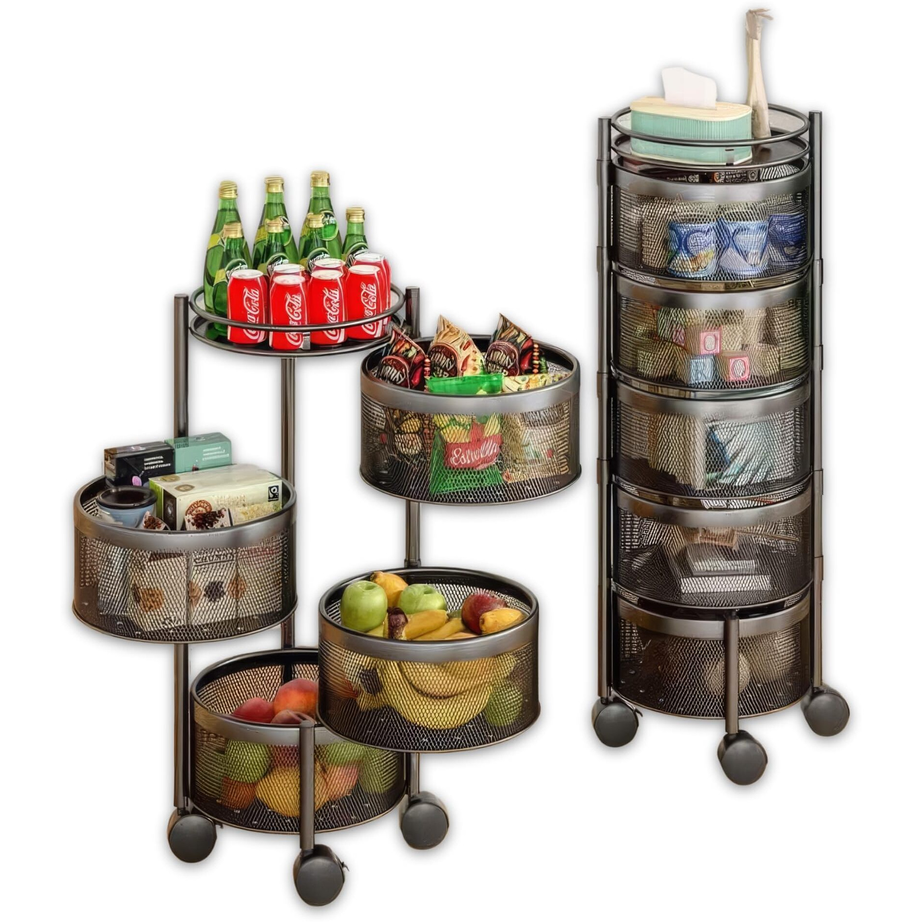 KWER Kitchen Trolley Round Onion Baskets for Storage Layer-4 Kitchen Accessories Items and Vegetable Basket for Kitchen Organizer Items and Storage Portable Kitchen Accessories with Wheels(Black)