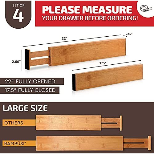 Zollyss Bamboo Drawer Dividers Organizers - Expandable Drawer Organization Separators For Kitchen, Dresser, Bedroom, Bathroom And Office, 4-Pack 17.5-22 In, Natural(Ethylene Vinyl AcetateWood)