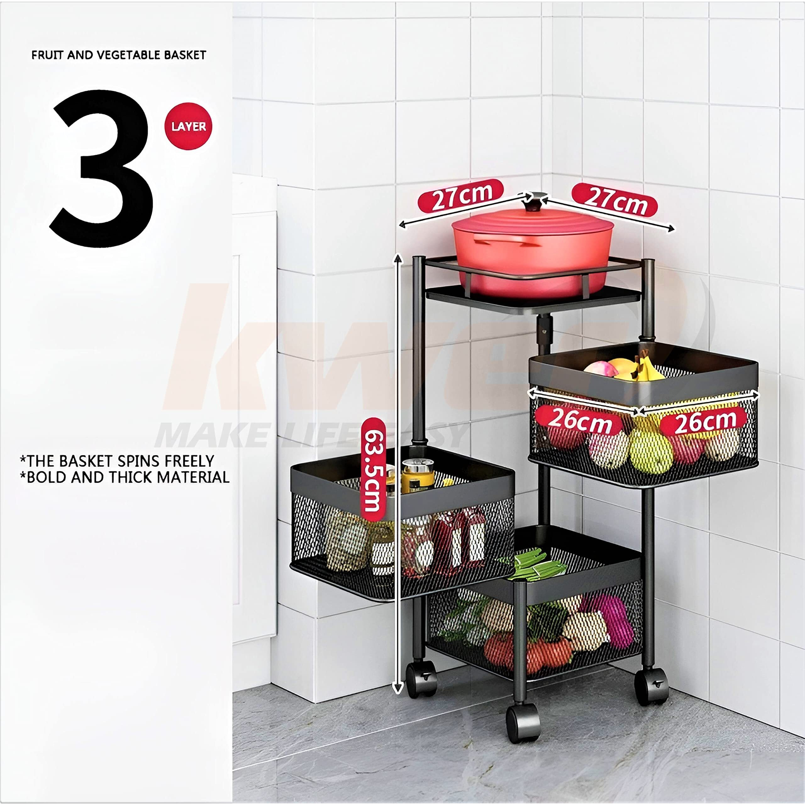 KWER Kitchen Trolley Square Onion Baskets for Storage Layer-3 Kitchen Accessories Items and Vegetable Basket for Kitchen Organizer Items and Storage Portable Kitchen Accessories with Wheels(Black)