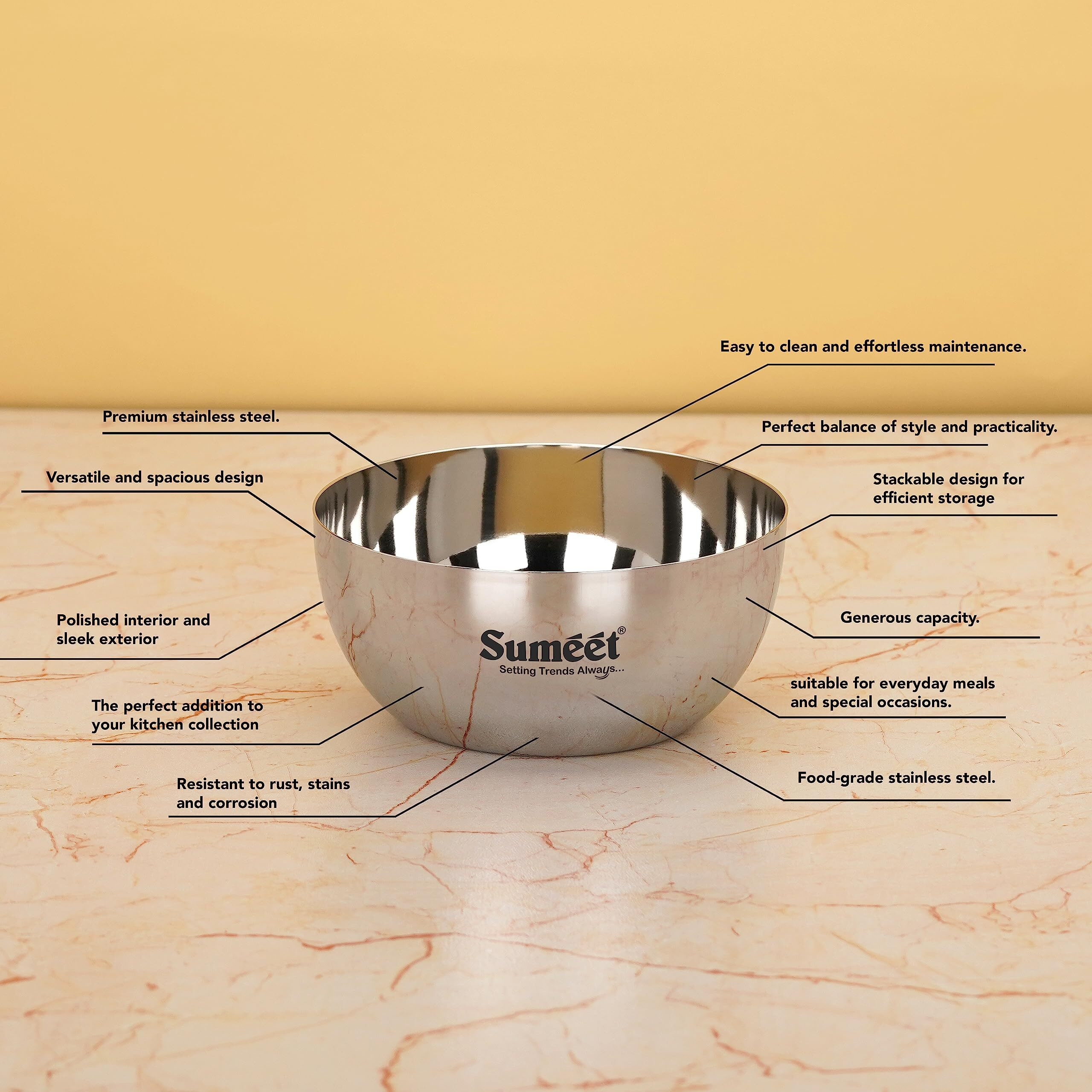 Sumeet Heavy Gauge Stainless Steel Big Size Apple Bowl/Wati/Katori with Mirror Finish  12.2cm Dia, set of 6pc, 550ML Each, Silver