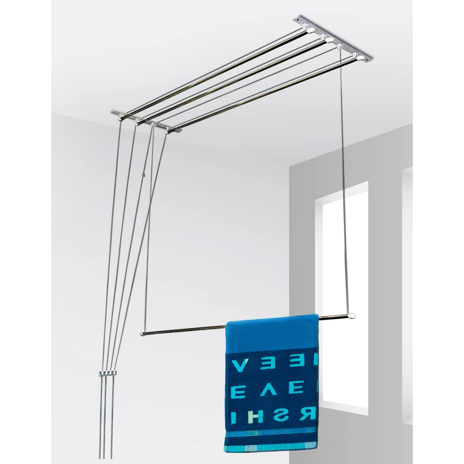 Synergy - 4 Pipes x 7 Feet - Heavy Duty - Stainless Steel Ceiling Clothes Hanger/Cloth Dryer with UV Protected Rope and Individual Drop Down Railers (SY-CL4-4P)