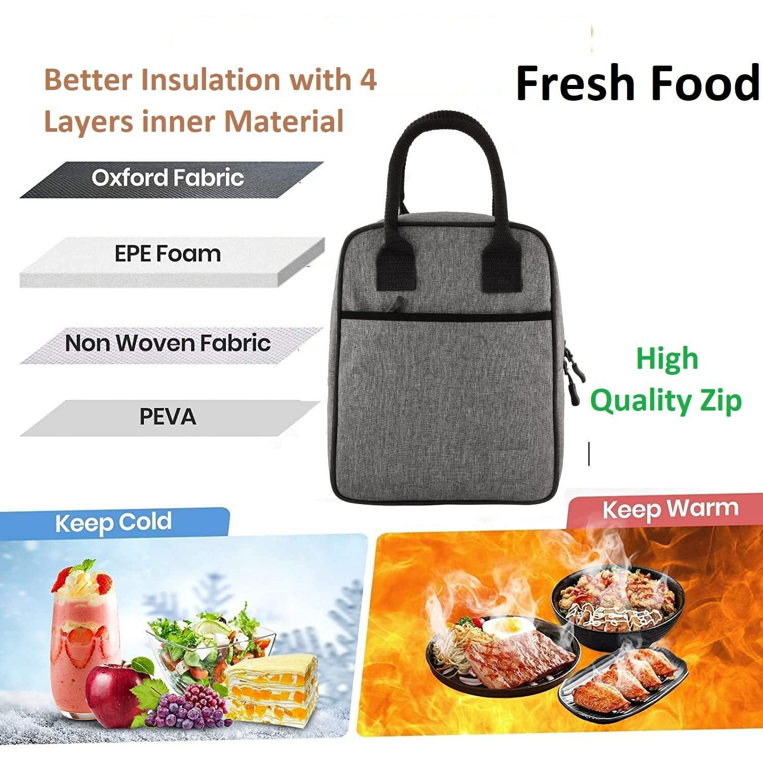 AERYS Insulated Lunch Bags Tiffin Storage for Women Men Work, Student, Kids to School, Thermal Cooler Tote Bag, Picnic Organizer Portable Storage Lunch Box (Grey) (Nylon)