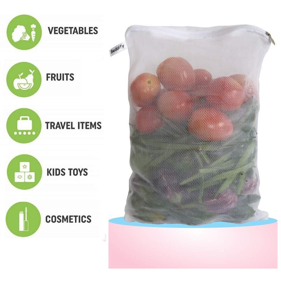 Beddify Set of 9 Reusable Fridge Storage Bags for Vegetables and Fruits Dual Layer Mesh Net Multipurpose Multi-Size Kitchen Storage Bags Organizer with Sturdy Zipper (White)