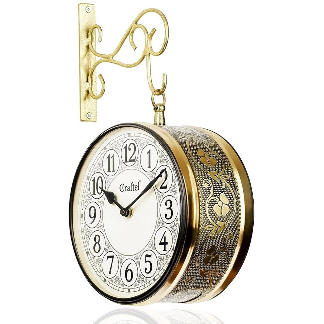 CRAFTEL Metal Analog Double Sided Vintage Railway Station Wall Clock Platform Hanging Clock for Living Room Home Office (Shiny Gold_8 Inches)