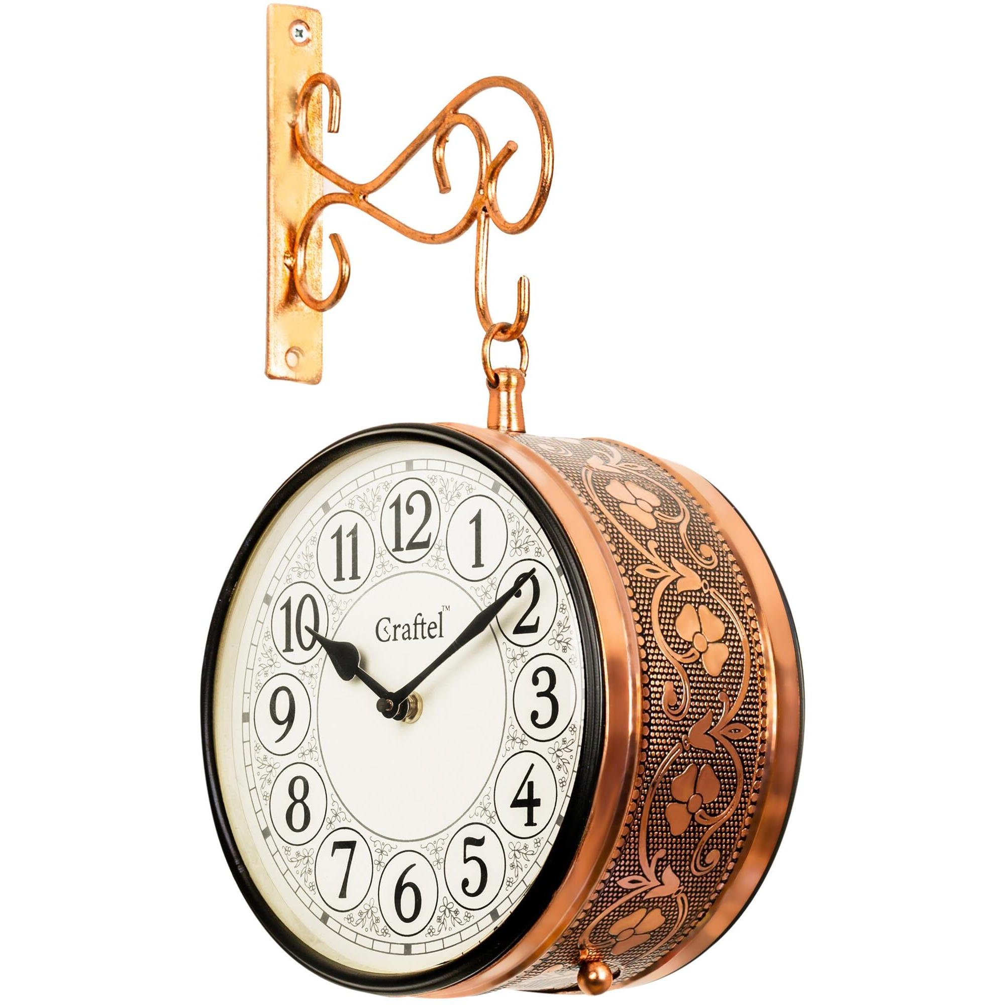 CRAFTEL Metal Analog Railway Wall Clock Vintage Double Sided Hanging Clock for Living Room Home and Office (Dial - 8 Inches, Rose Gold)