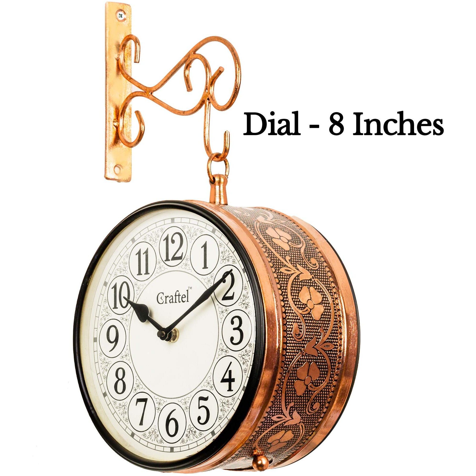 CRAFTEL Metal Analog Railway Wall Clock Vintage Double Sided Hanging Clock for Living Room Home and Office (Dial - 8 Inches, Rose Gold)