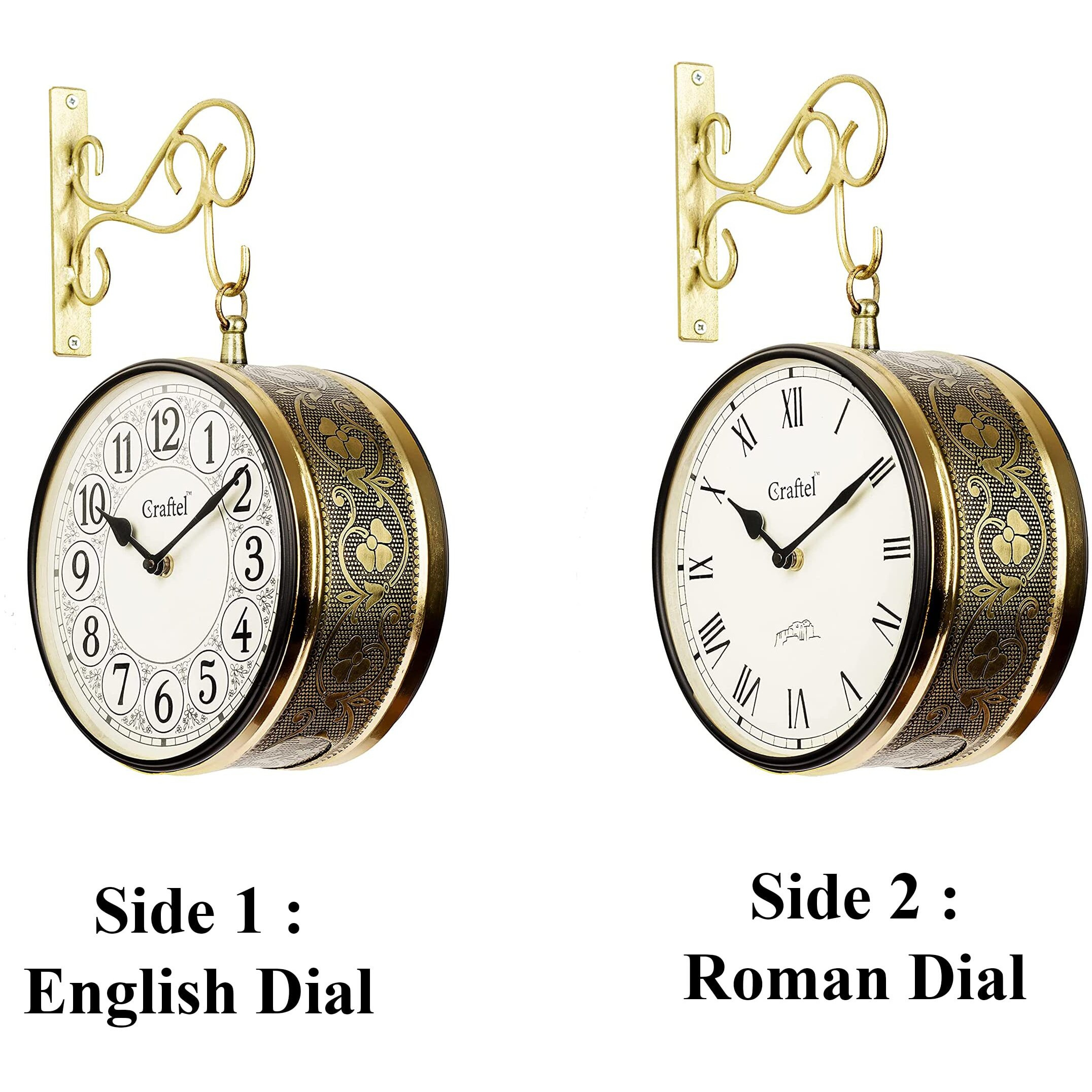 CRAFTEL Metal Analog Double Sided Vintage English Roman Station Wall Clock (Shiny Gold_8 Inches)