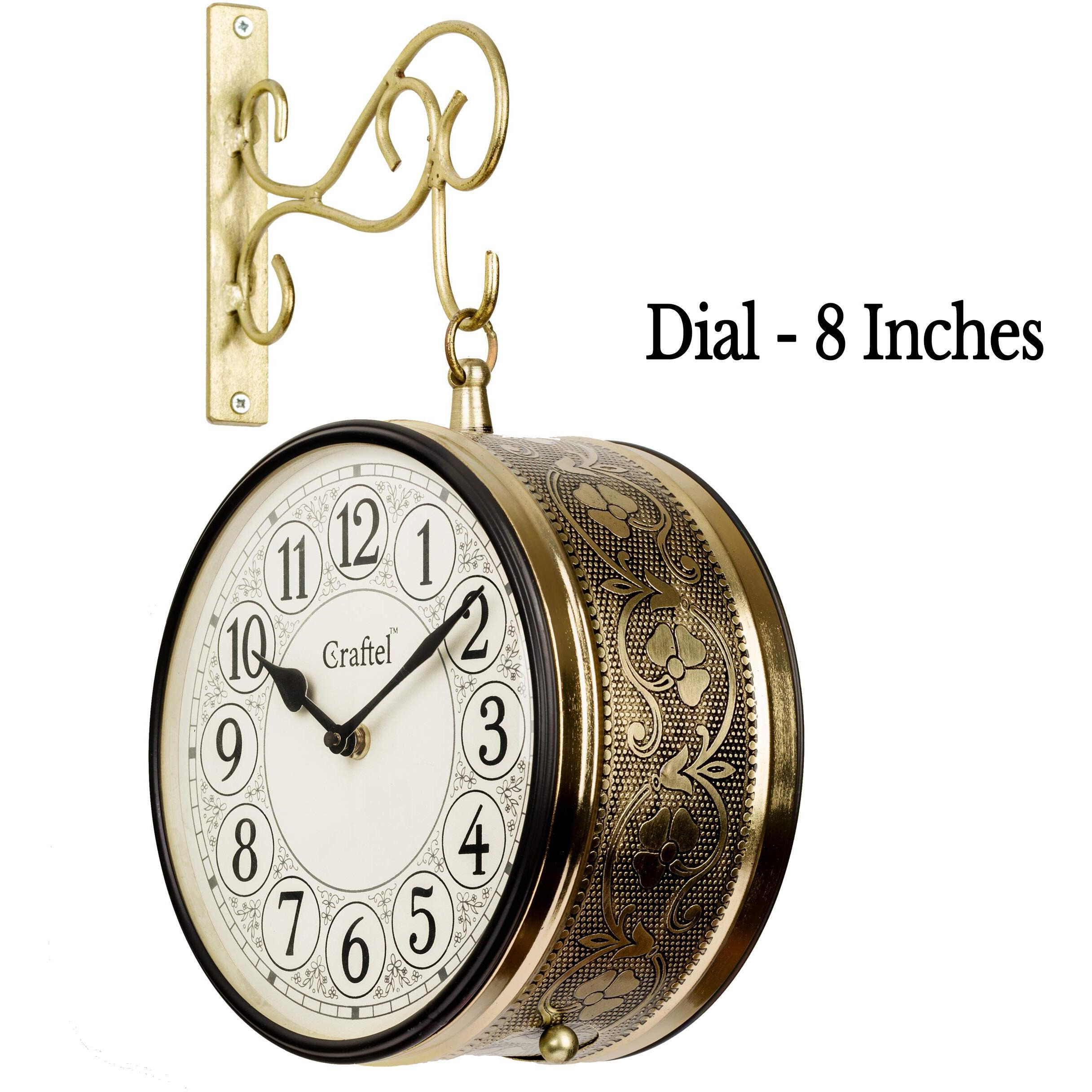 CRAFTEL Metal Analog Double Sided Vintage English Roman Station Wall Clock (Shiny Gold_8 Inches)