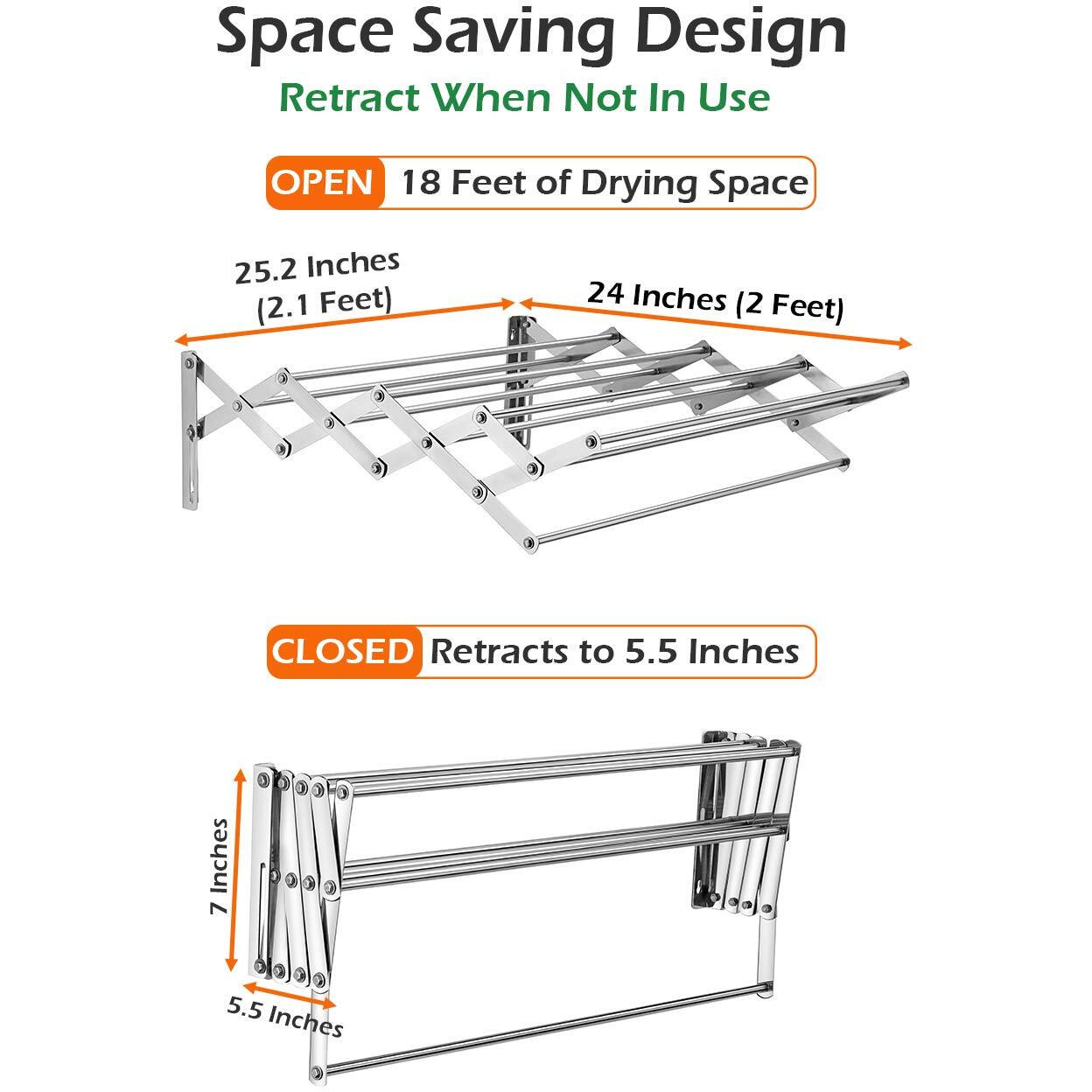 Synergy 9 Rod - Premium Heavy Duty tainless Steel Foldable Wall Mount/Mounted/Mounting Clothes Drying Stand/Cloth Dryer Racks for Balcony/Indoor/Outdoor with EZEE Cloth Clipper Combo