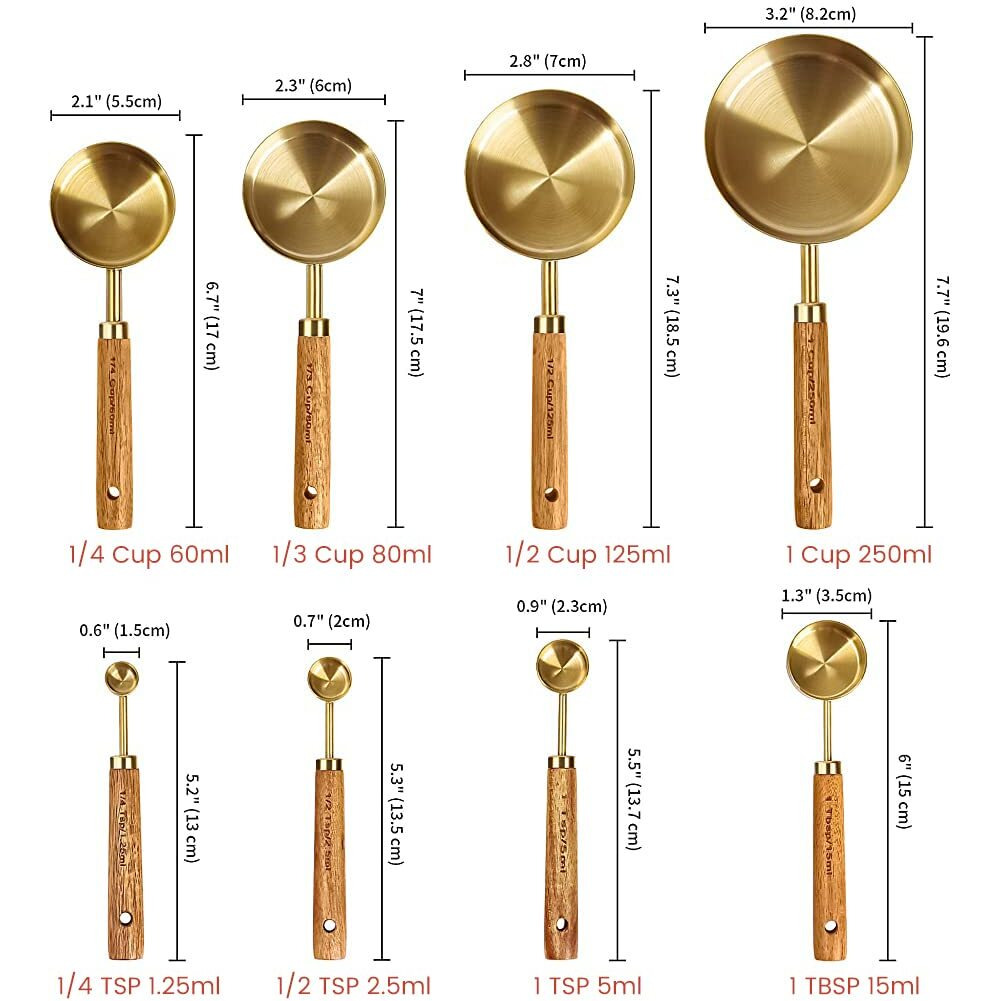 Supvox Measuring Cups and Spoons with Wood Handle Set of 8, Stainless Steel, Golden Polished Finish, Baking Tools, Dry & Liquid Measuring Cup for Cooking