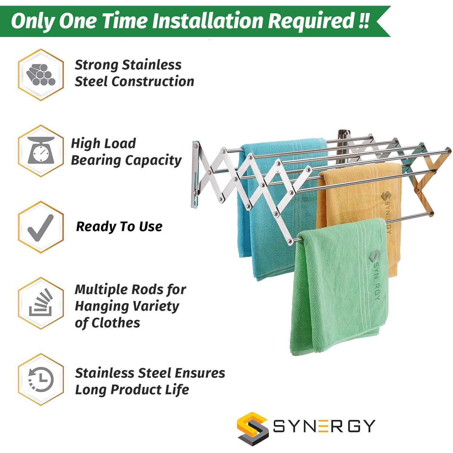 Synergy 9 Rod - Premium Heavy Duty Rust-Free Stainless Steel Foldable Wall Mount/Mounted/Mounting Clothes Drying Stand/Cloth Dryer Racks Cloth Hanger for Balcony [SY-CS6]