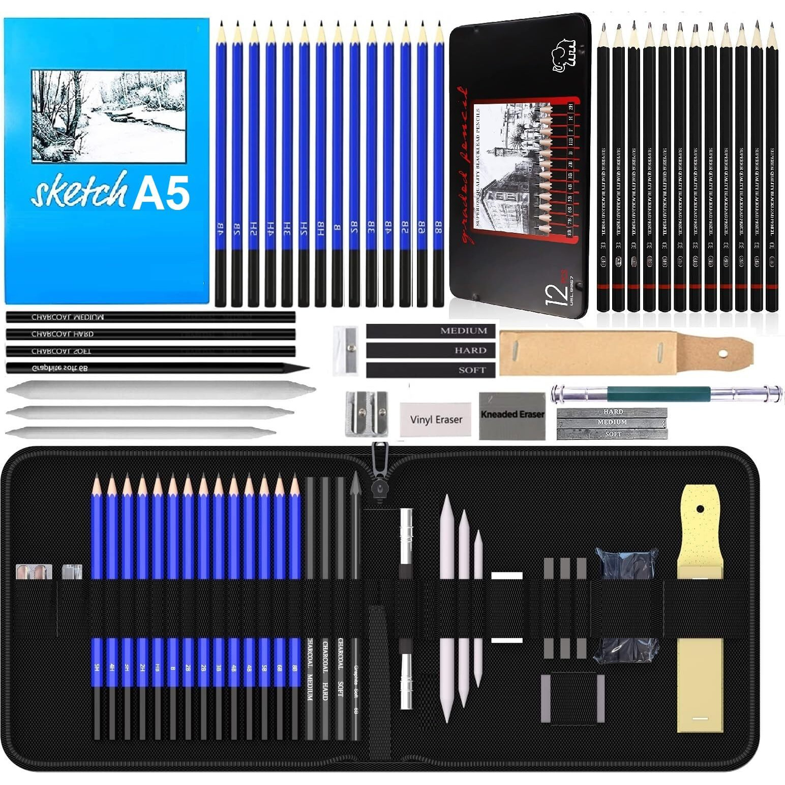 Corslet 47 Pieces Pencil Kit Professional Graphite Charcoal Sketch Kit Drawing Pencils and Sketching Kit for Artist Painting Shading Sketch Book with Zipper Carry Bag Drawing Kit