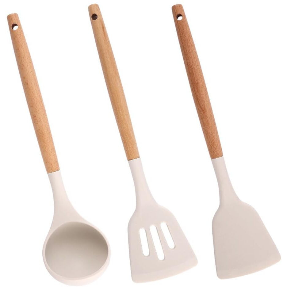 Zollyss Non-Stick Silicone Cooking Utensils Set with Natural Acacia Hard Wood Handle,High Heat Resistant (3 Pc Set, Cream)