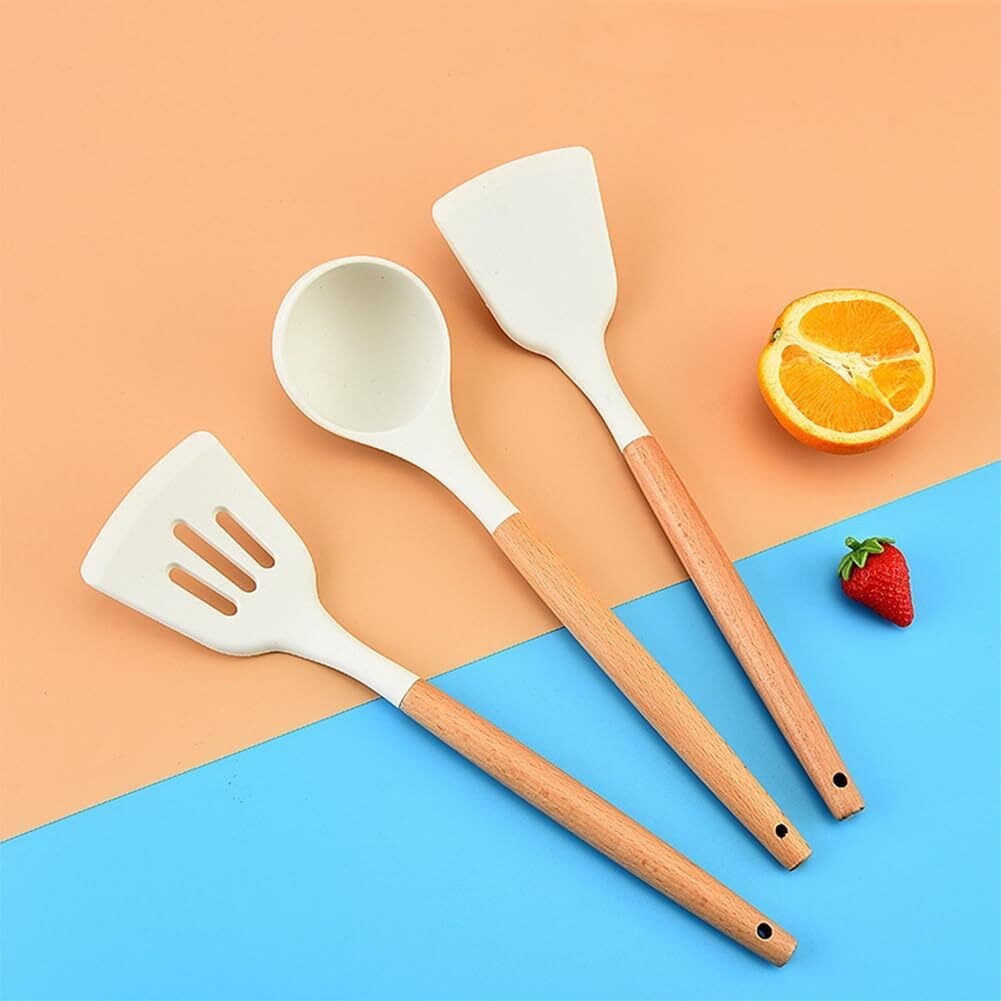 Zollyss Non-Stick Silicone Cooking Utensils Set with Natural Acacia Hard Wood Handle,High Heat Resistant (3 Pc Set, Cream)