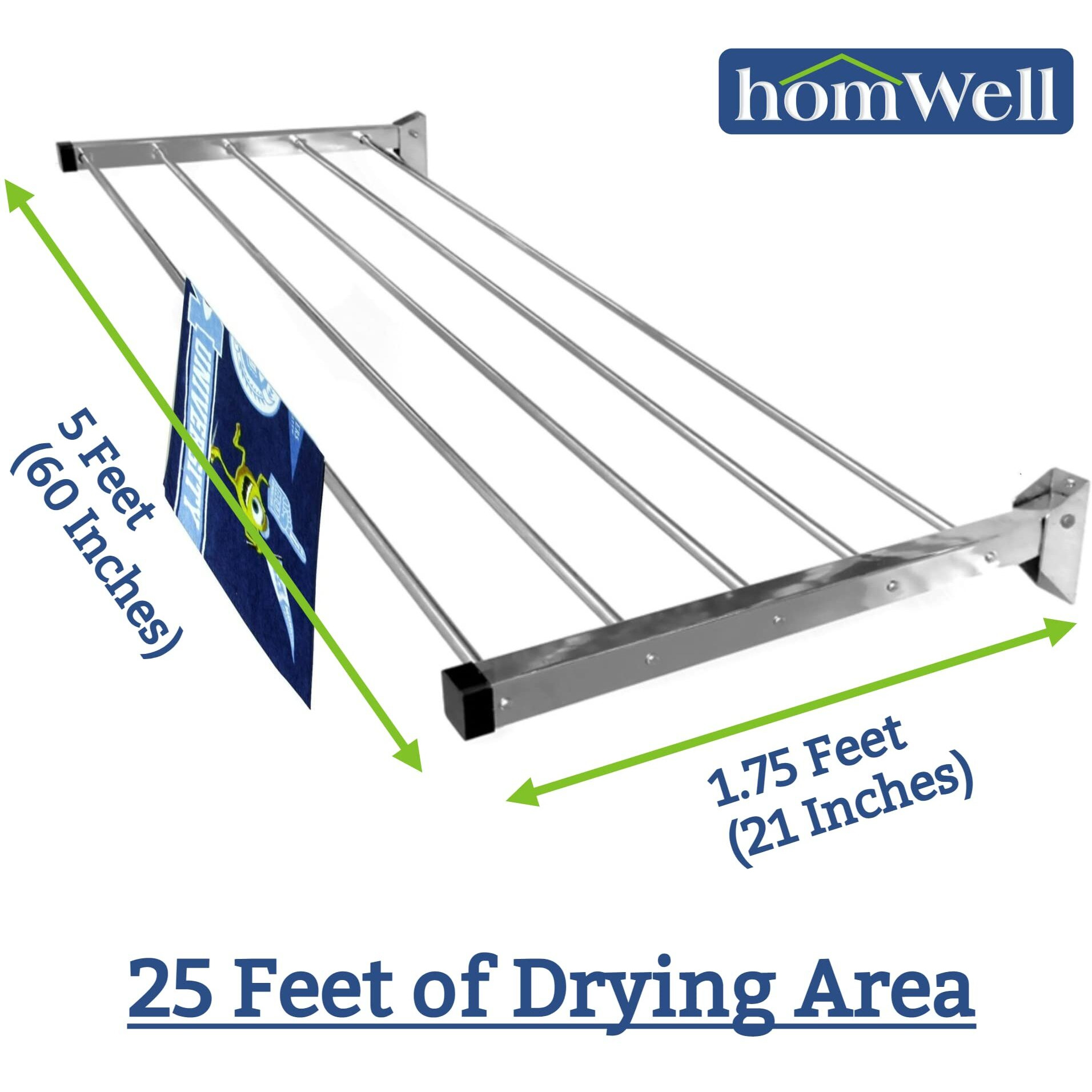 homWell Stainless Steel Heavy Duty (5 Pipe X 5 Feet) Wall Mounted Cloth Drying Stand, Cloth Stand for Drying Clothes Foldable, Cloth Drying Stand Wall Mounted, Clothes Stand for Drying