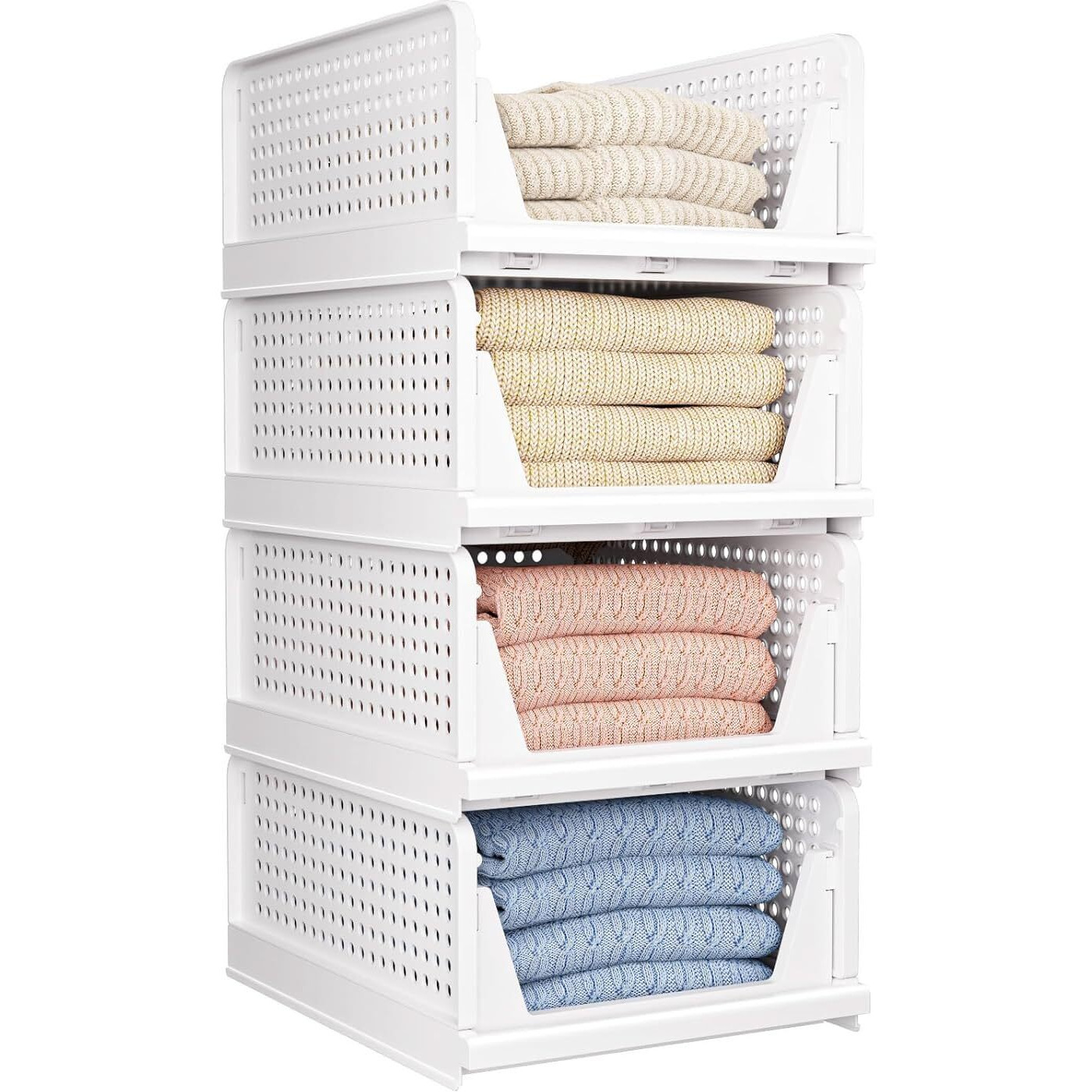 HomeStrap Set of 4, Stack it Up | Large Cloth Stacker | Foldable Shirt Storage Stacker for Wardrobe | Plastic Stackable Closet Organizer | White