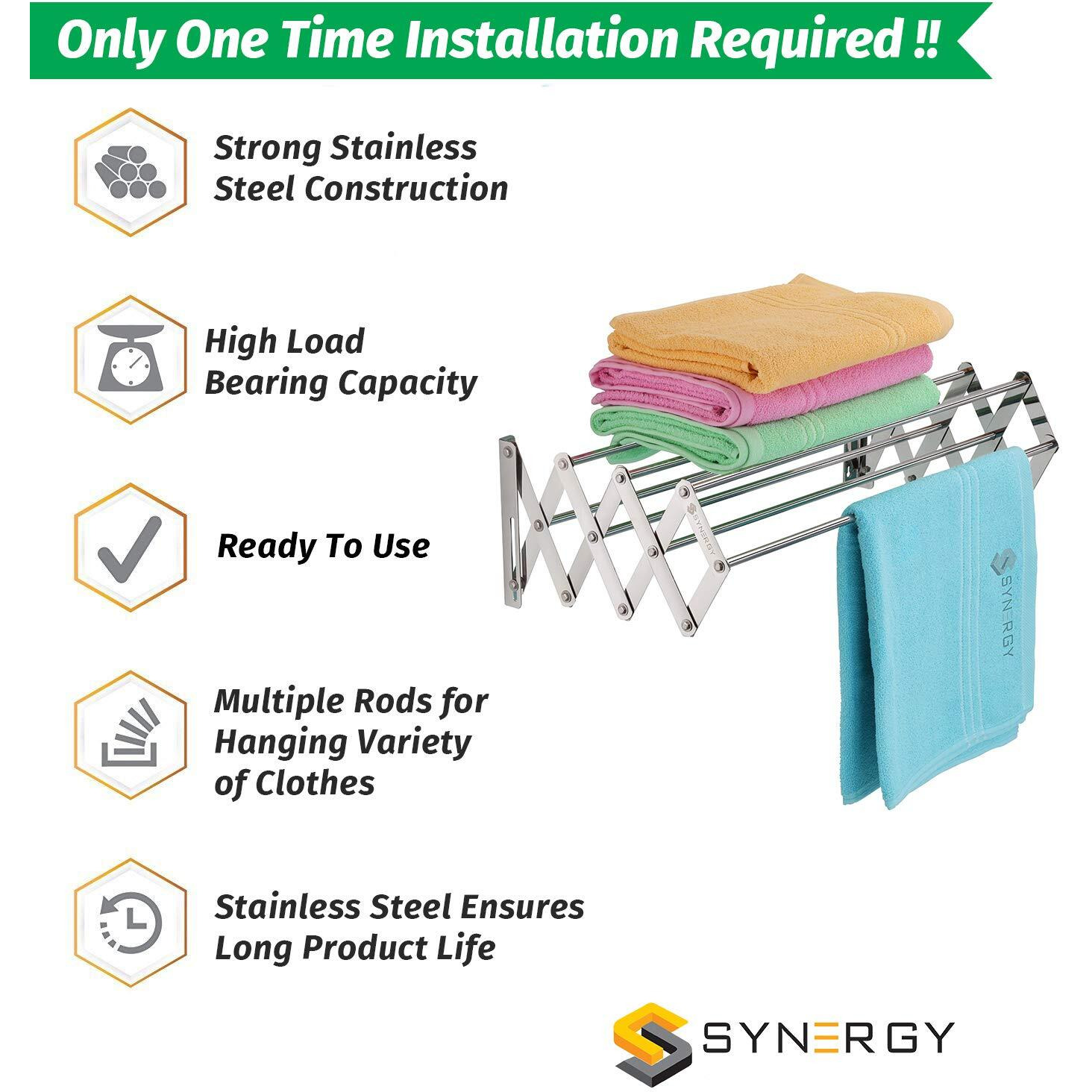 Synergy 7 Rod - Premium Heavy Duty Rust-Free Stainless Steel Foldable Wall Mount/Mounted/Mounting Clothes Drying Stand/Cloth Dryer Racks Cloth Hanger for Balcony [SY-CS3]