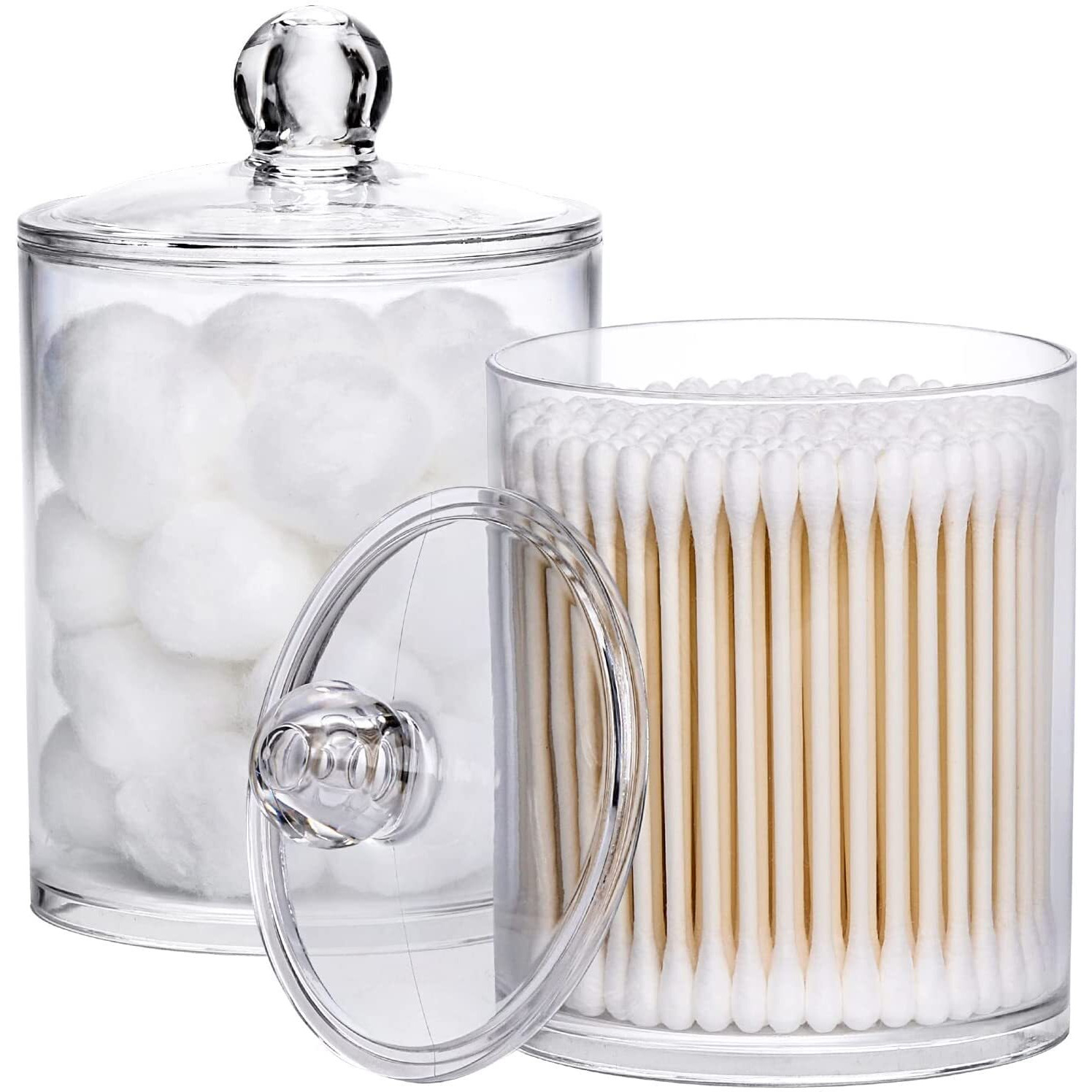 Zollyss Plastic Cotton Swab Ball Pad Holder, 15 Oz Qtip Apothecary Jar Clear Bathroom Container Organizer Dispenser (2 Pack)