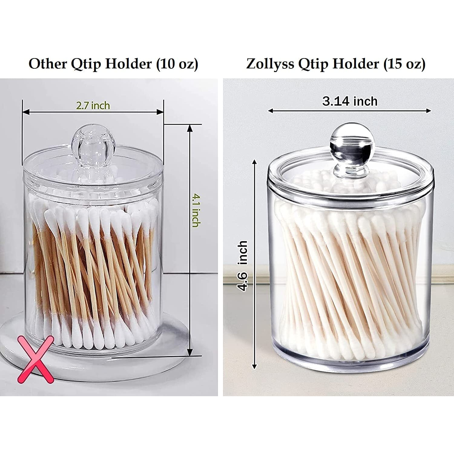 Zollyss Plastic Cotton Swab Ball Pad Holder, 15 Oz Qtip Apothecary Jar Clear Bathroom Container Organizer Dispenser (2 Pack)