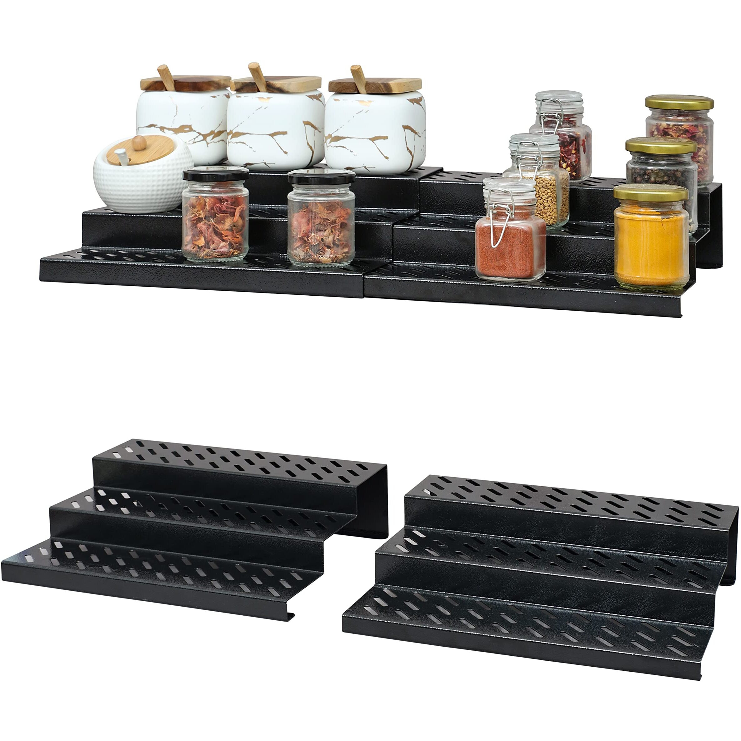 Livzing 3 Tier Expandable Spice Rack - Metal Countertop Display Shelf - Kitchen Cabinet Organizer Stand - 3 Steps Stand For Kitchen - Set Of 2 - Black - Expands 12.2 To 21.6 - Step Shelf