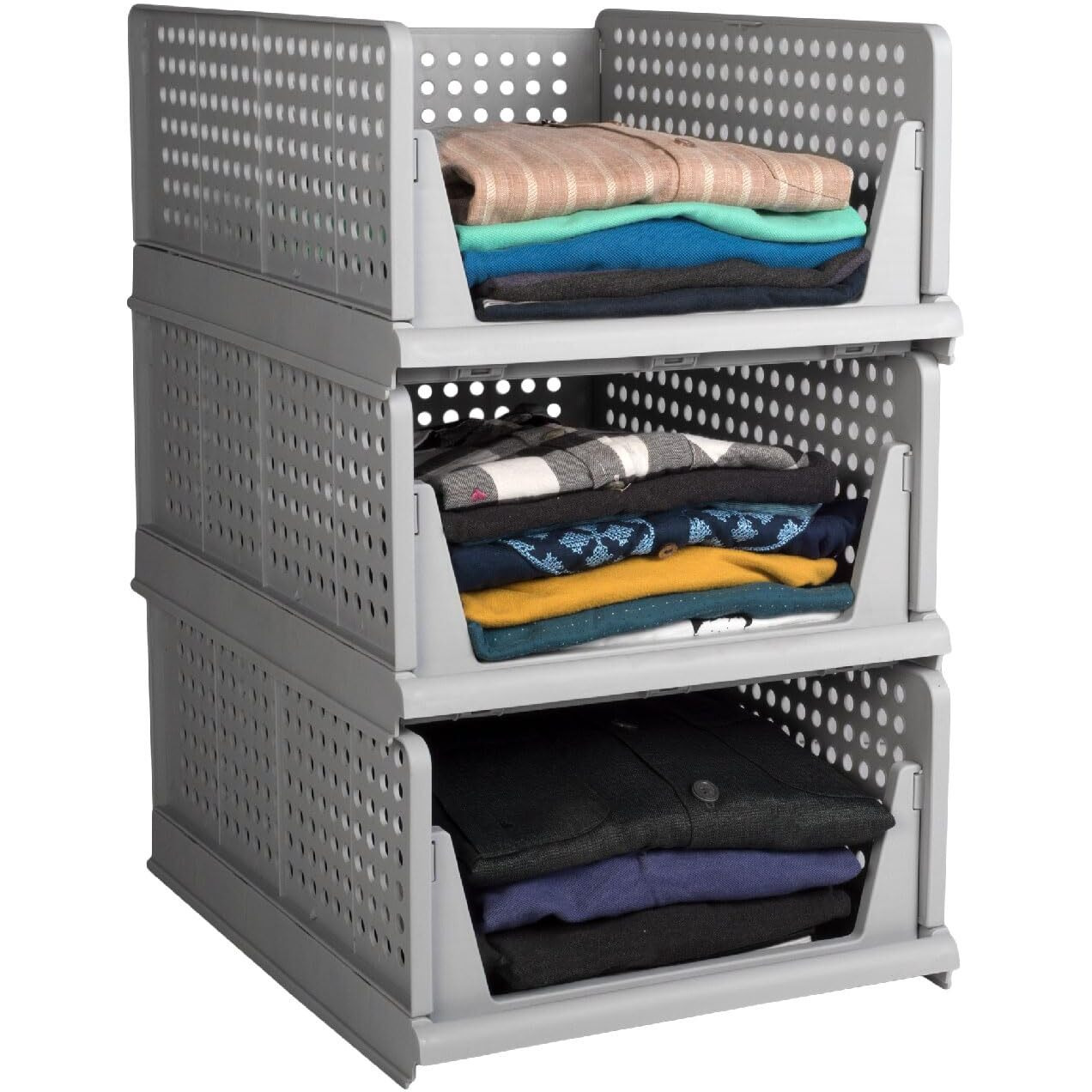 HomeStrap Set of 3, Stack it Up | Large Cloth Stacker | Foldable Shirt Storage Stacker for Wardrobe | Plastic Stackable Closet Organizer | Dark Grey