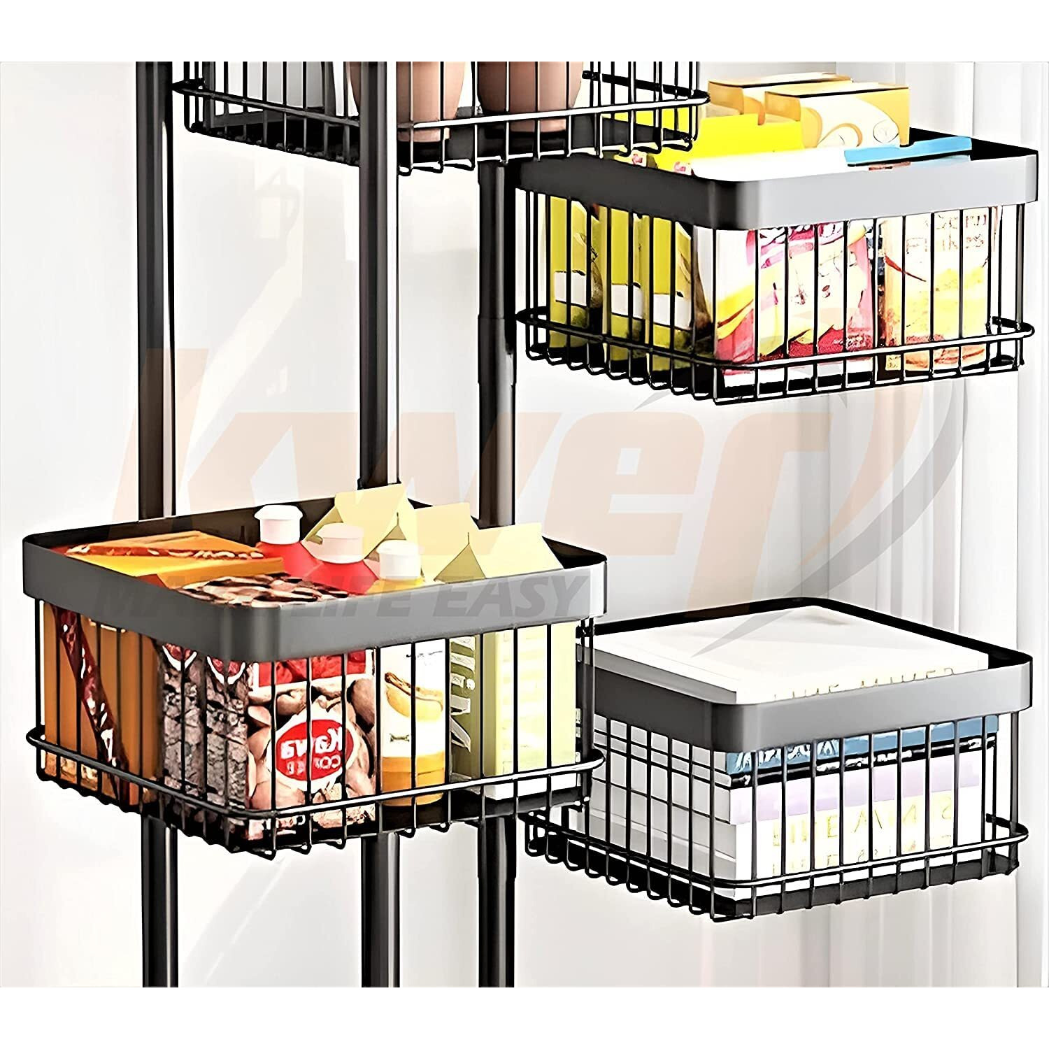 KWER Kitchen Trolley Wire Onion Baskets for Storage Layer-2 Kitchen Accessories Items and Vegetable Basket for Kitchen Organizer Items and Storage Portable Kitchen Accessories with Wheels(Black)