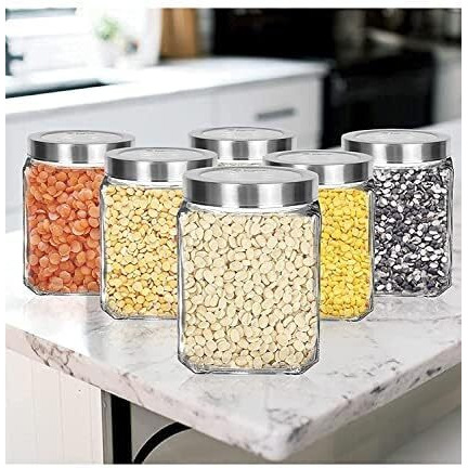 Vency Glass Cubical Square 500ml Transparent Glass Jars & Containers for Kitchen Pantry, Snacks, Masala, Honey, Jams, Pickles, Cookies, Dry Fruits, Coffee Beans Storage with Lid (500ml, Set Of 8)