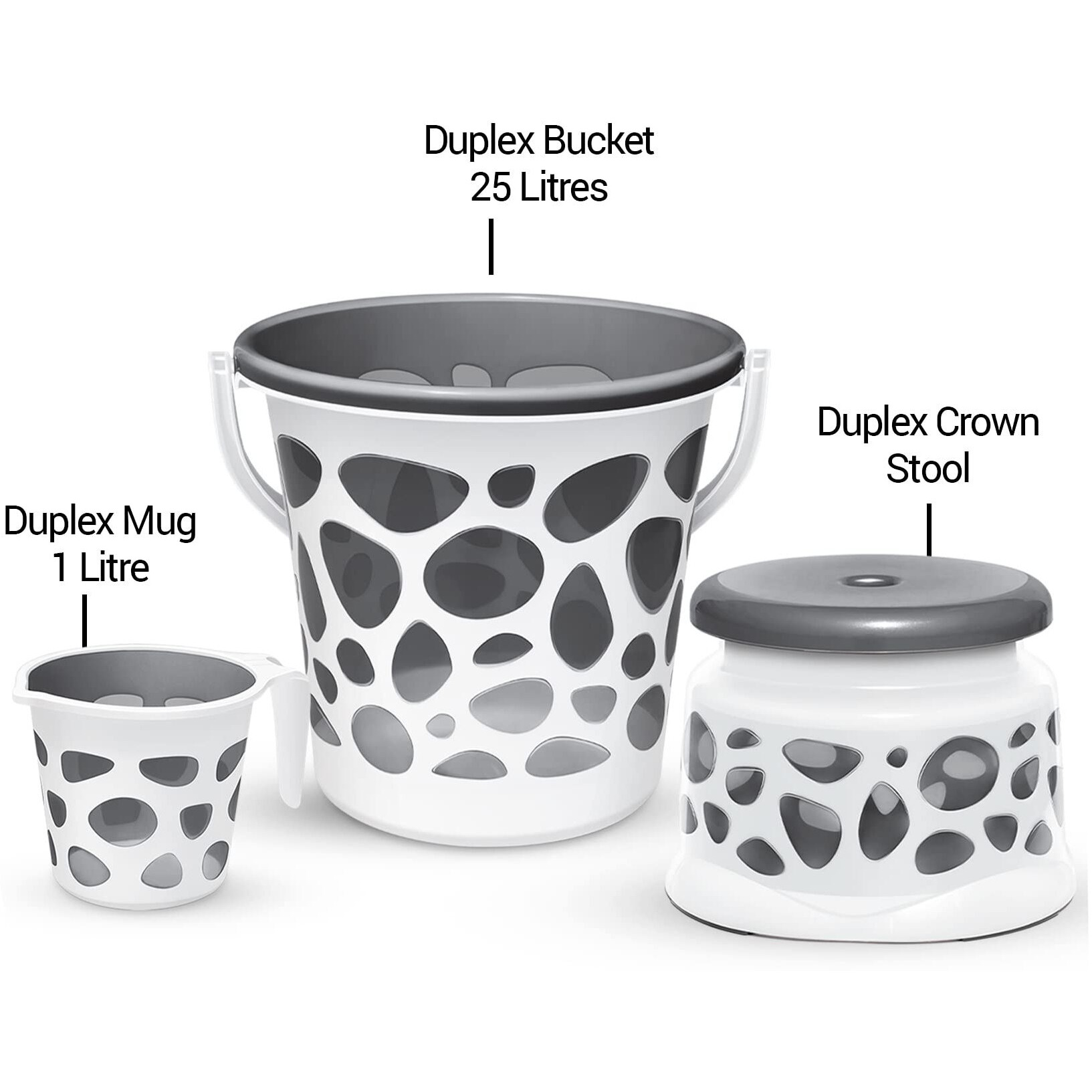 MILTON Plastic Duplex Spa 3 Piece Set, Grey | 25 litres Bucket with Mug & Stool | Bathroom Accessory Set