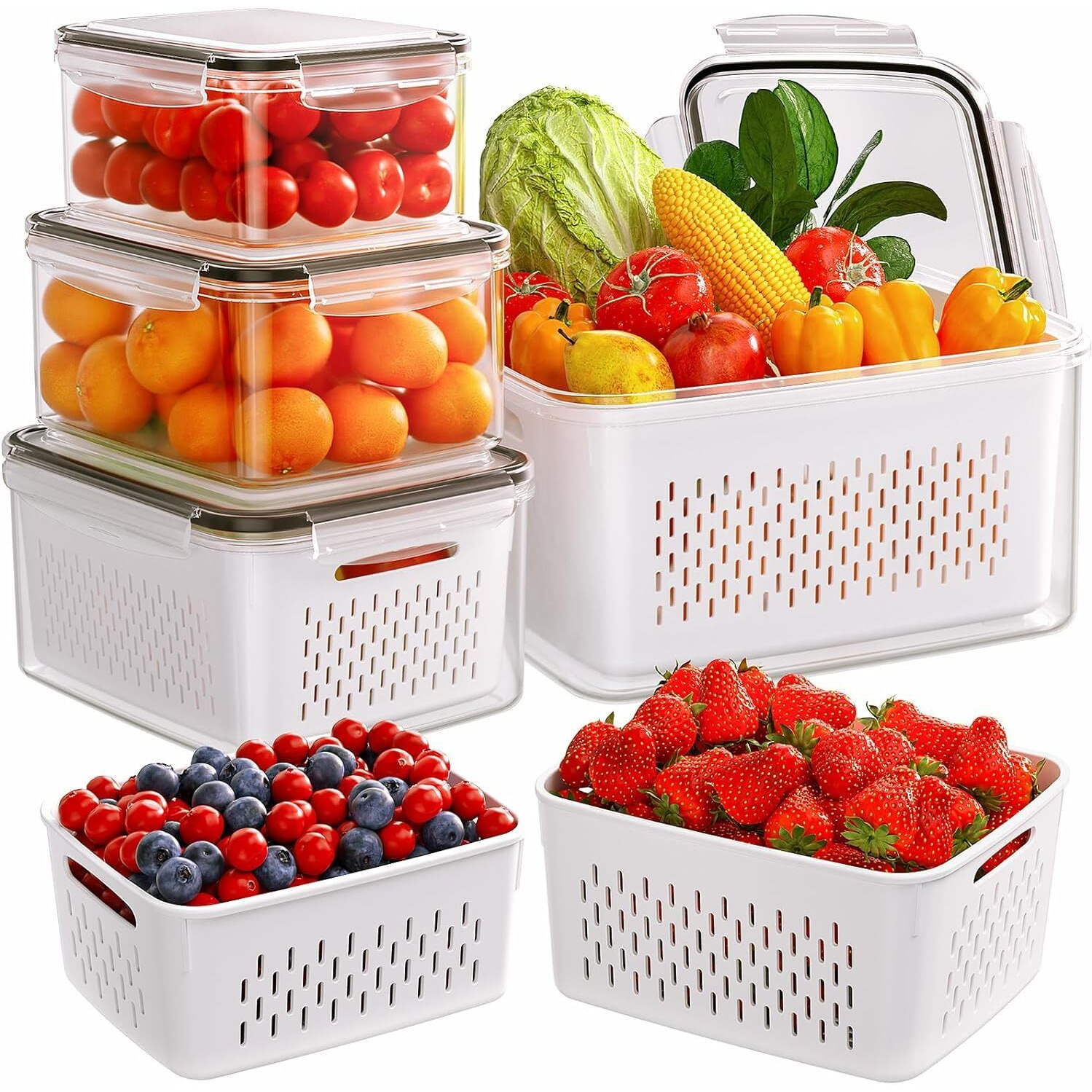 BRAVIK 4 PCS Large Fruit Containers for Fridge-Leakproof Food Containers with Removable Colander-Dishwasher (Size - 750ml_1600ml_2850ml_4150ml)