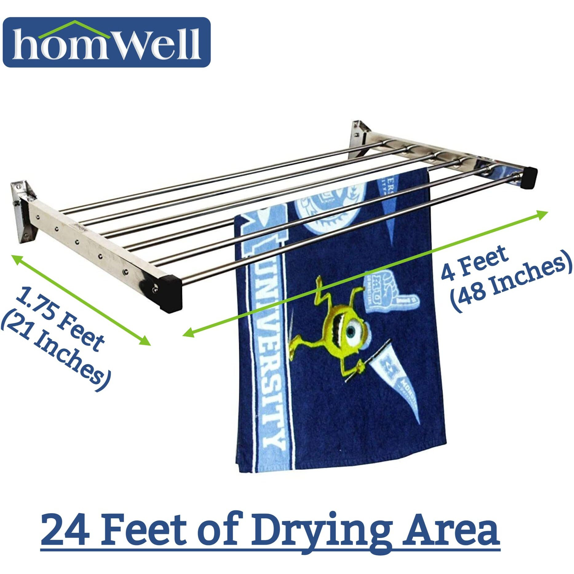 homWell Stainless Steel Heavy Duty 6 Pipe X 4 Feet Wall Mounted Cloth Drying Stand Foldable | Cloth Stand Hanger | Cloth Drying Stand