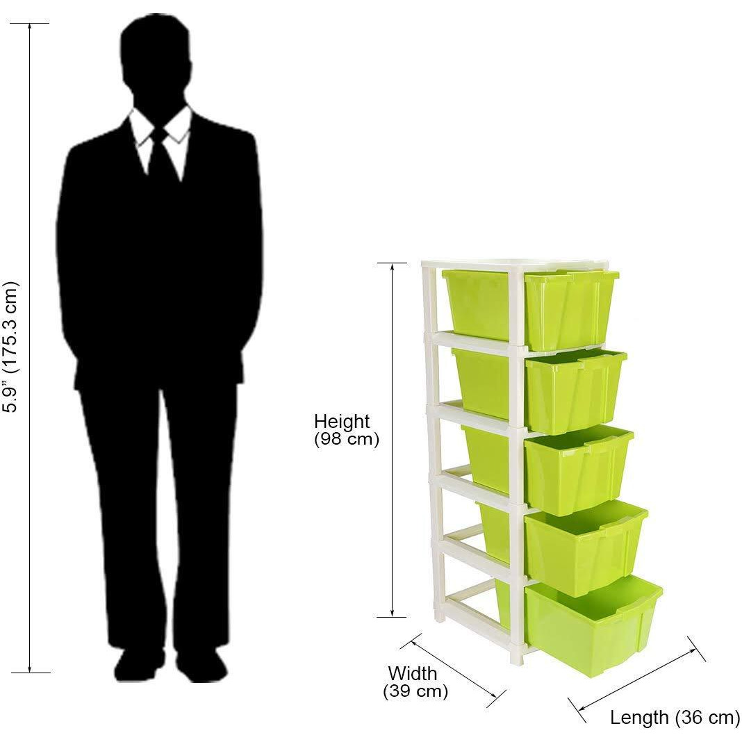 Joyful Studio 5 X-Large Plastic modular Drawer System for Home, Office, Hospital, Parlor, School, Doctors, Home and Kids, Colour Green, Product Dimension when assembeled (31cmx39cmx98 cm)