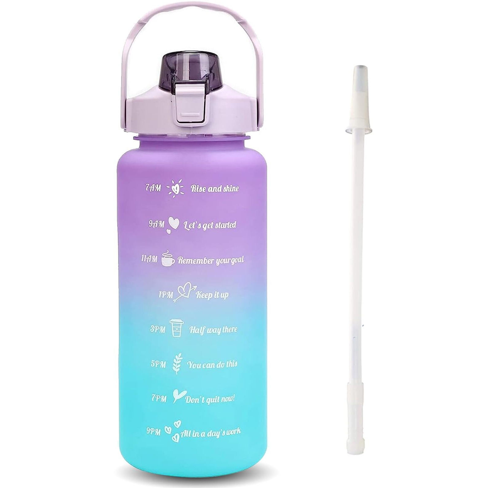 US1984 2000ml Sports Gallon Motivational Water Bottles with Time Marker Wide Mouth GYM Outdoor Water Bottle with Straw & Handle, Leak proof BPA Free Fitness Water Bottle (2 Litre Purple) Plastic