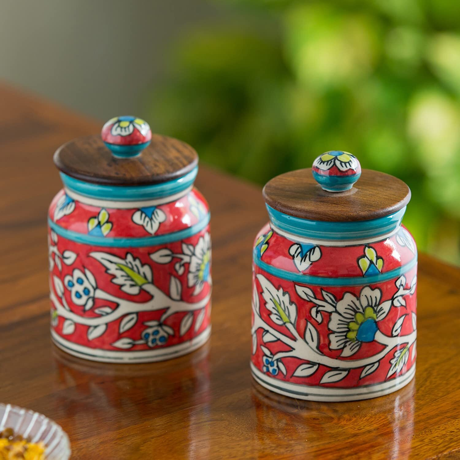 ExclusiveLane Mughal Floral Handpainted Multi-Utility Storage Ceramic Jars & Containers with Wooden Lid for Kitchen Storage Snacks Jar (Set of 2, Airtight, 410 ML, 5.2 Inch), JAR Red, LID Brown