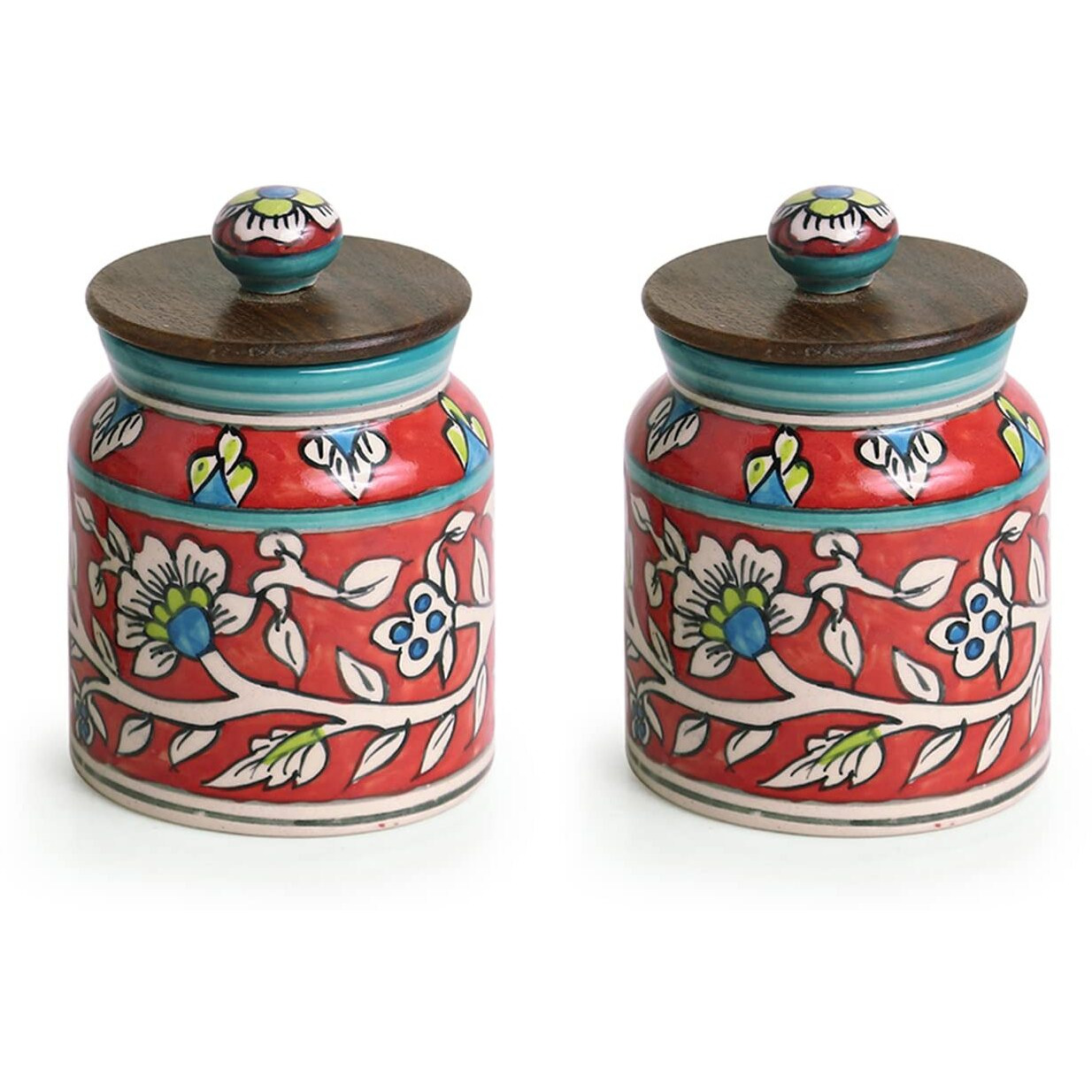 ExclusiveLane Mughal Floral Handpainted Multi-Utility Storage Ceramic Jars & Containers with Wooden Lid for Kitchen Storage Snacks Jar (Set of 2, Airtight, 410 ML, 5.2 Inch), JAR Red, LID Brown