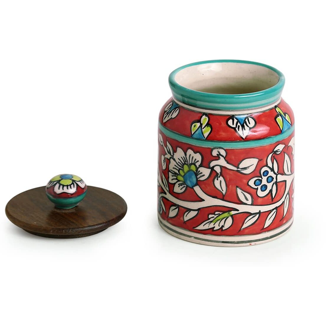 ExclusiveLane Mughal Floral Handpainted Multi-Utility Storage Ceramic Jars & Containers with Wooden Lid for Kitchen Storage Snacks Jar (Set of 2, Airtight, 410 ML, 5.2 Inch), JAR Red, LID Brown