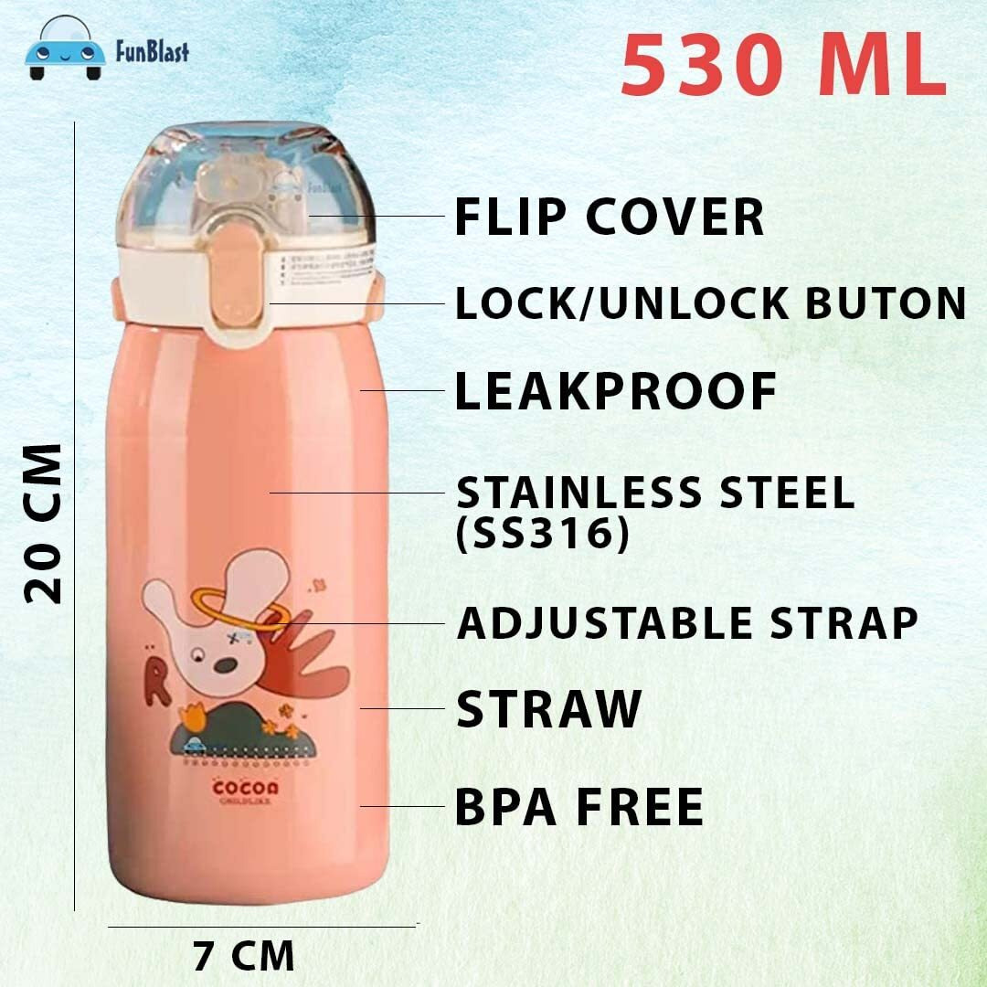 FunBlast Insulated Stainless Steel Water Bottle for Kids, Double Walled Vacuum Insulated Stainless Steel Bottle, Cartoon Design Hot and Cold Water Bottle (530 Ml)