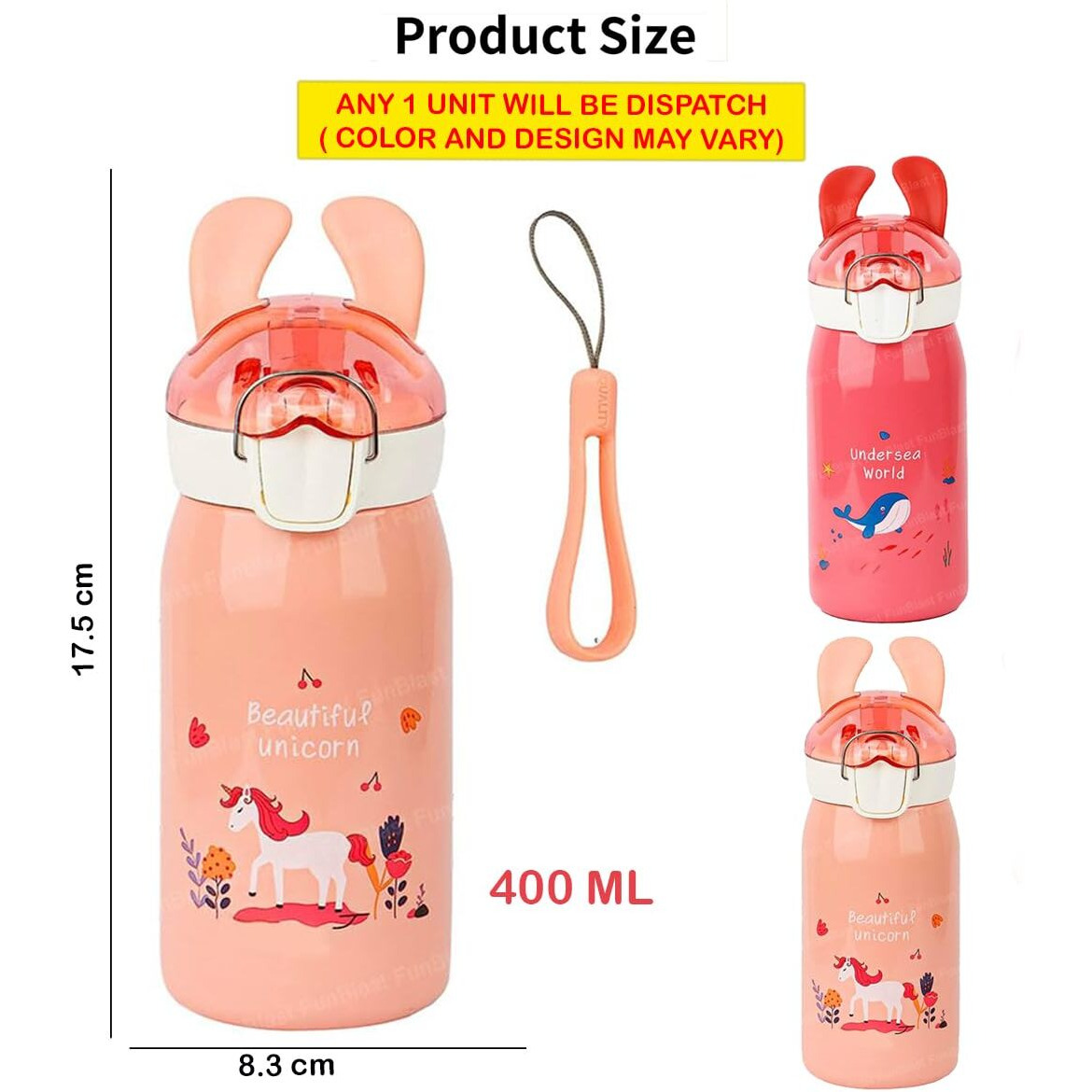 FunBlast Cartoon Design Hot and Cold Water Bottle for Kids - Double Walled Vacuum Insulated Stainless Steel Bottle, Insulated Stainless Steel Bottle, Thermos Flask with Straw (400 Ml)