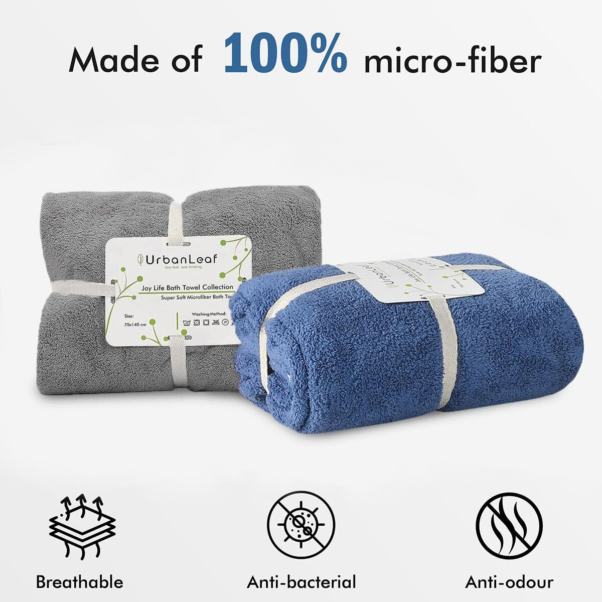 UrbanLeaf Microfiber Large Bath Towel | Quick Dry Super Absorbent - Bath Towel for Men and Women | Grey & Navy Blue | Towel for Bath, Travel, Gym, Beach, Pool, and Yoga (70 X 140 CMs)