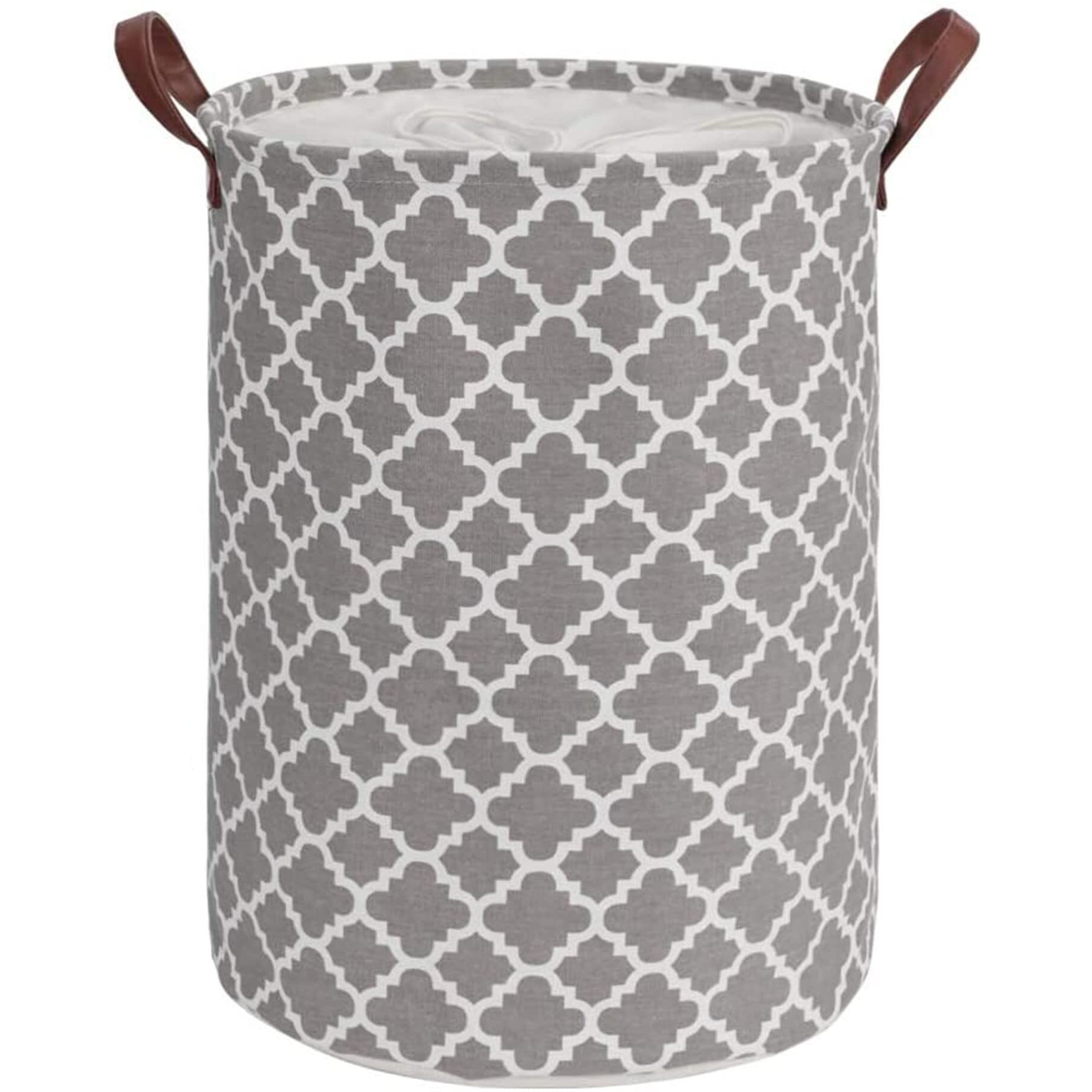 House of Quirk Thickened Large Sized 48L Laundry Basket with Durable Leather Handle, Drawstring Round Linen Collapsible Storage Basket, Dirty Clothes Hamper for Bedroom(Grey Diamond)