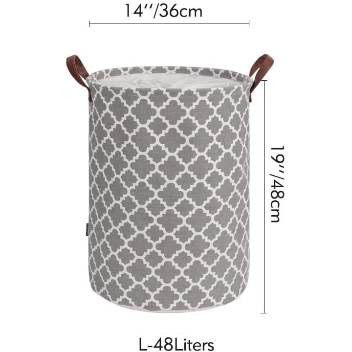 House of Quirk Thickened Large Sized 48L Laundry Basket with Durable Leather Handle, Drawstring Round Linen Collapsible Storage Basket, Dirty Clothes Hamper for Bedroom(Grey Diamond)