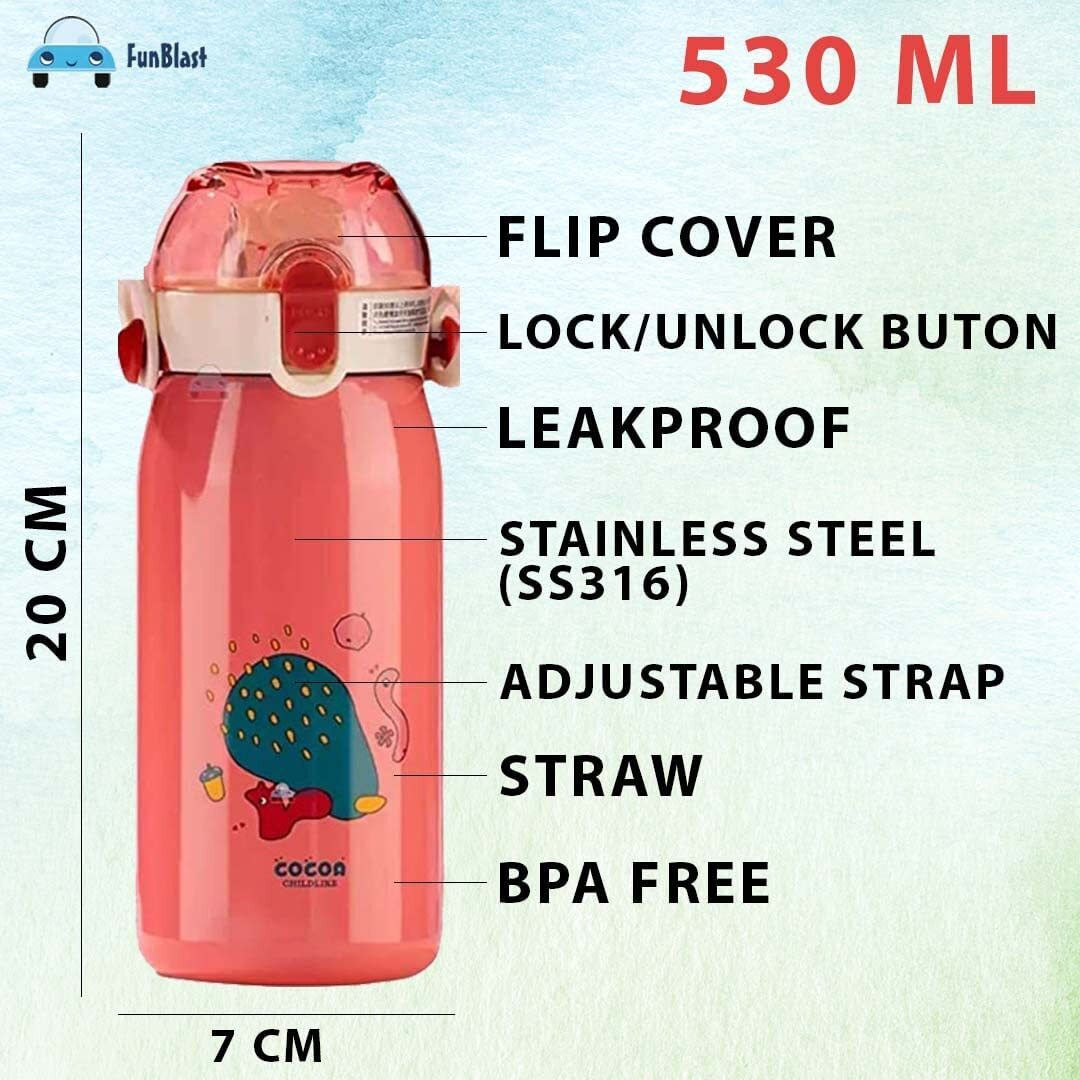 FunBlast Insulated Stainless Steel Water Bottle for Kids, Double Walled Vacuum Insulated Stainless Steel Bottle, Cartoon Design Hot and Cold Water Bottle (530 Ml)