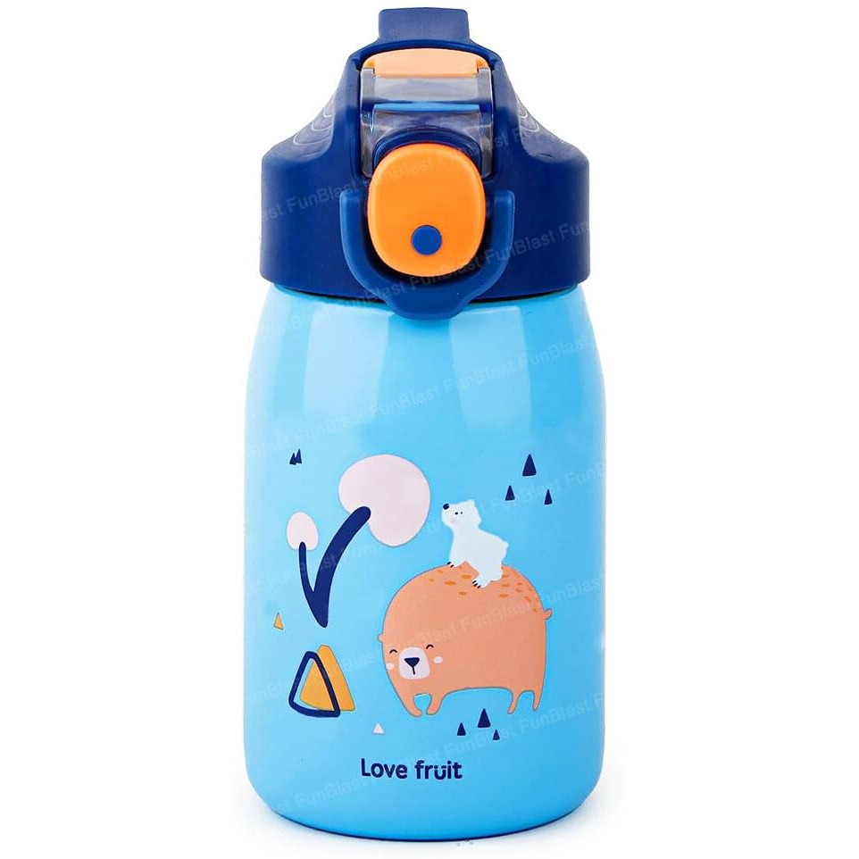 FunBlast Cartoon Design Hot and Cold Water Bottle for Kids - Double Walled Vacuum Insulated Stainless Steel Bottle, Insulated Stainless Steel Bottle, Thermos Flask with Straw (400 Ml)